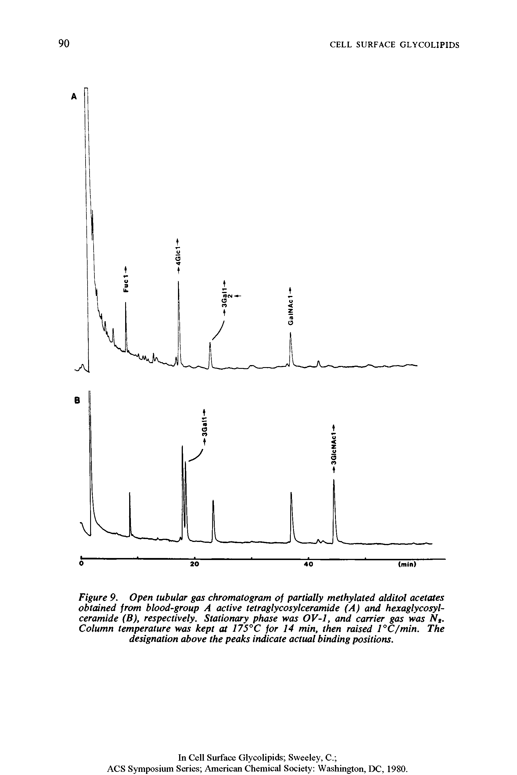 Figure 9. Open tubular gas chromatogram of partially methylated alditol acetates obtained from blood-group A active tetraglycosylceramide (A) and hexaglycosyl-ceramide (B), respectively. Stationary phase was OV-1, and carrier gas was Ns. Column temperature was kept at 175°C for 14 min, then raised l°C/min. The designation above the peaks indicate actual binding positions.