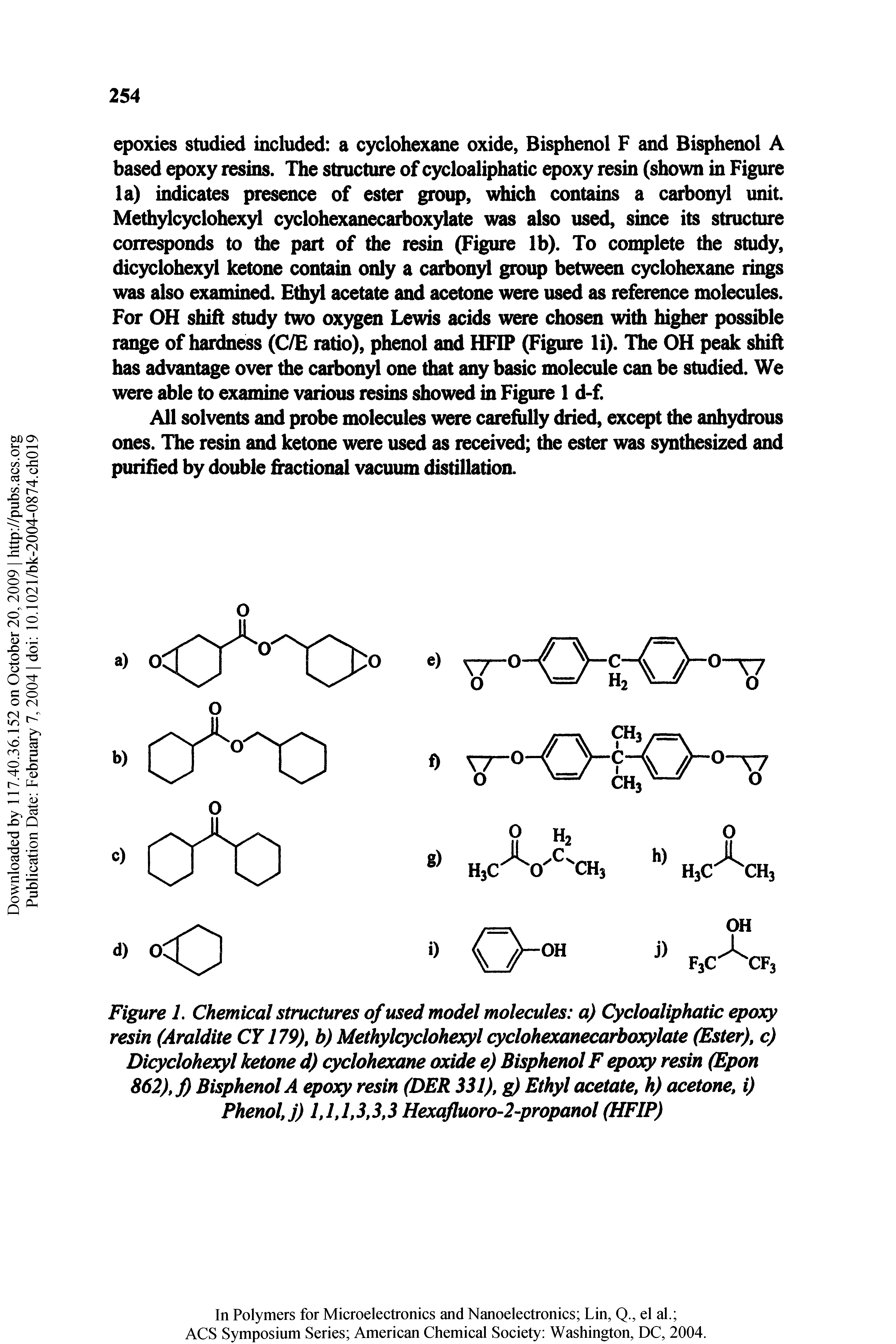 Figure 1. Chemical structures of used model molecules a) Cycloaliphatic epoxy resin (Araldite CY179), b) Methylcyclohexyl cyclohexanecarboxylate (Ester), c) Dicyclohexyl ketone d) cyclohexane oxide e) Bisphenol F epoxy resin (Epon 862), f) Bisphenol A epoxy resin (DER 331), g) Ethyl acetate, h) acetone, i) Phenol, j) 1,1,1,3,3,3 Hexafluoro-2-propanol (HFIP)...