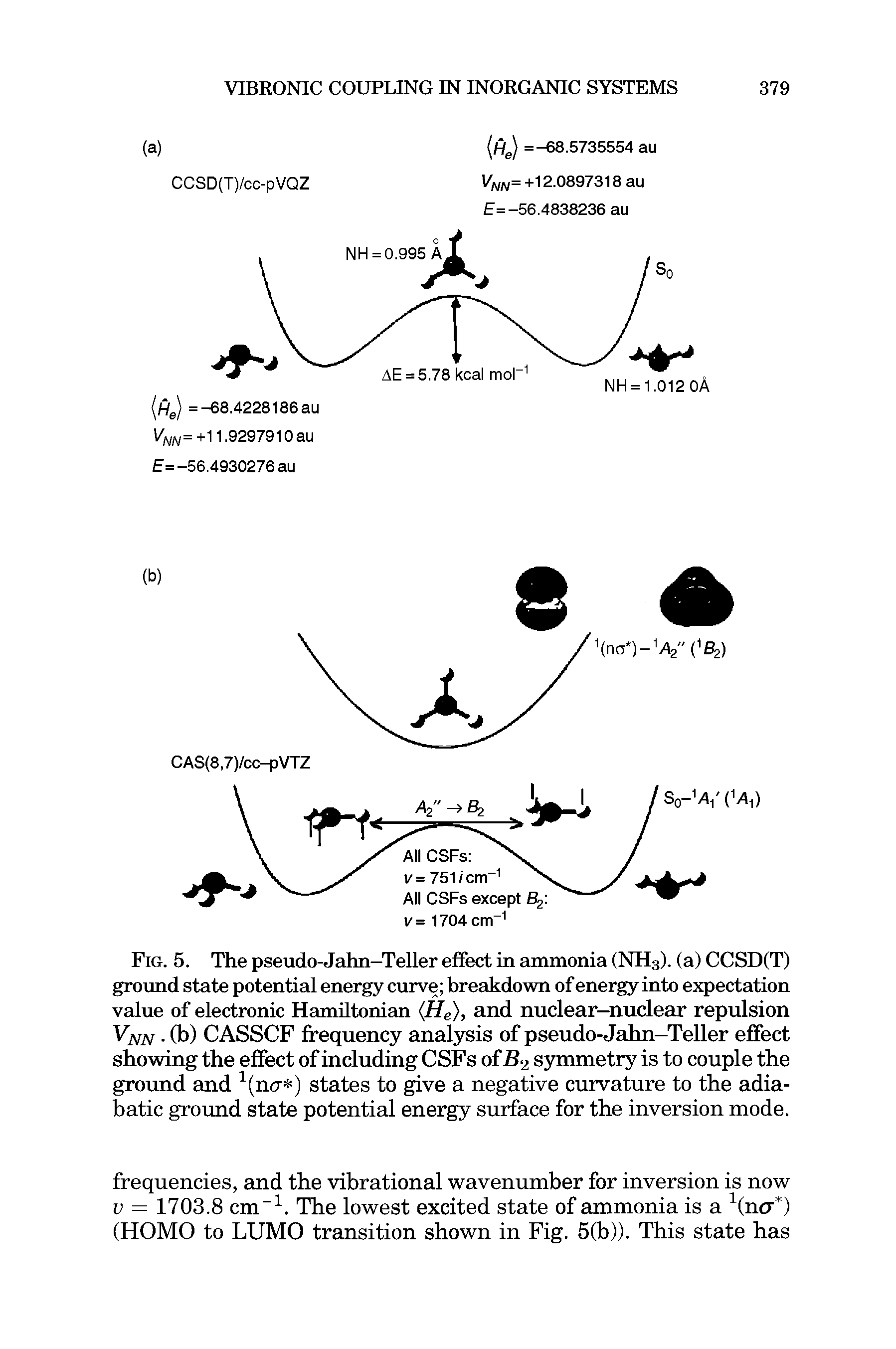 Fig. 5. The pseudo-Jahn-Teller effect in ammonia (NH3). (a) CCSD(T) ground state potential energy curve breakdown of energy into expectation value of electronic Hamiltonian (He), and nuclear-nuclear repulsion VNN. (b) CASSCF frequency analysis of pseudo-Jahn-Teller effect showing the effect of including CSFs of B2 symmetry is to couple the ground and 1(ncr ) states to give a negative curvature to the adiabatic ground state potential energy surface for the inversion mode.