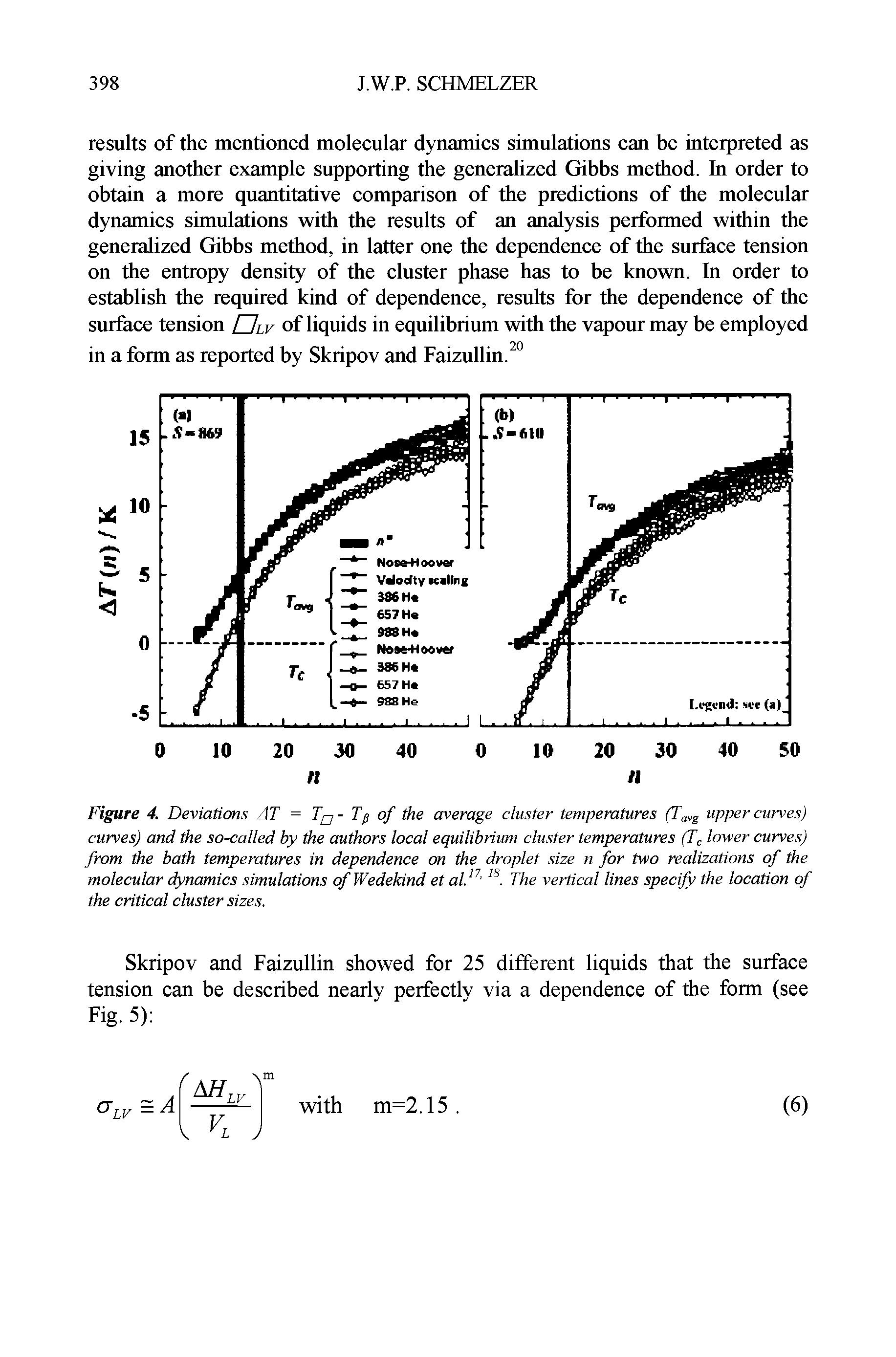 Figure 4. Deviations AT = Tn-Tp of the average cluster temperatures (Tavg upper curves) curves) and the so-called by the authors local equilibrium cluster temperatures (Tc lower curves) from the bath temperatures in dependence on the droplet size n for two realizations of the molecular dynamics simulations of Wedekind et aV The vertical lines specify the location of the critical cluster sizes.