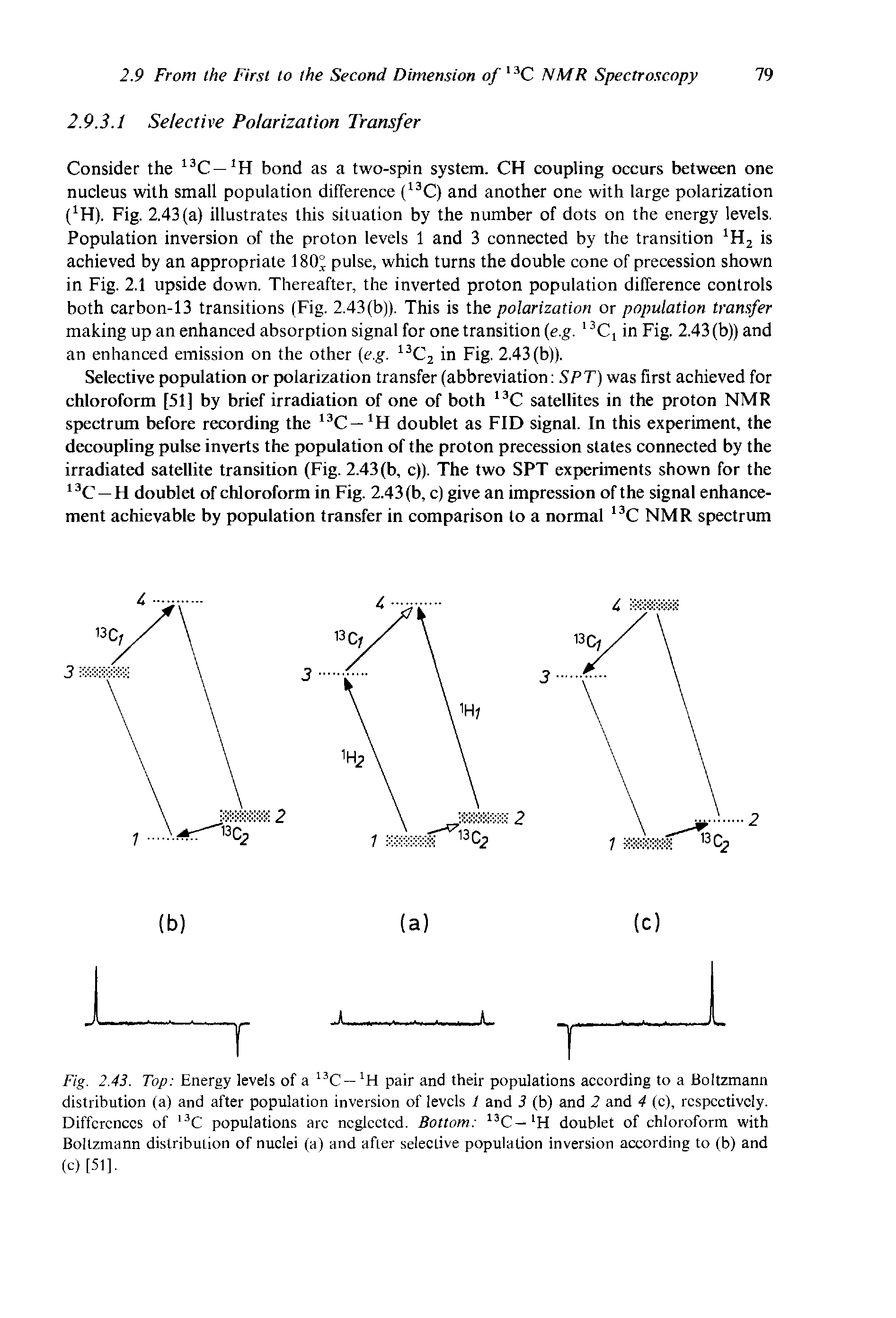 Fig. 2.43. Top Energy levels of a 13C —1H pair and their populations according to a Boltzmann distribution (a) and after population inversion of levels 1 and 3 (b) and 2 and 4 (c), respectively. Differences of 13C populations arc neglected. Bottom. 13C— H doublet of chloroform with Boltzmann distribution of nuclei (a) and after selective population inversion according to (b) and (c) [51],...