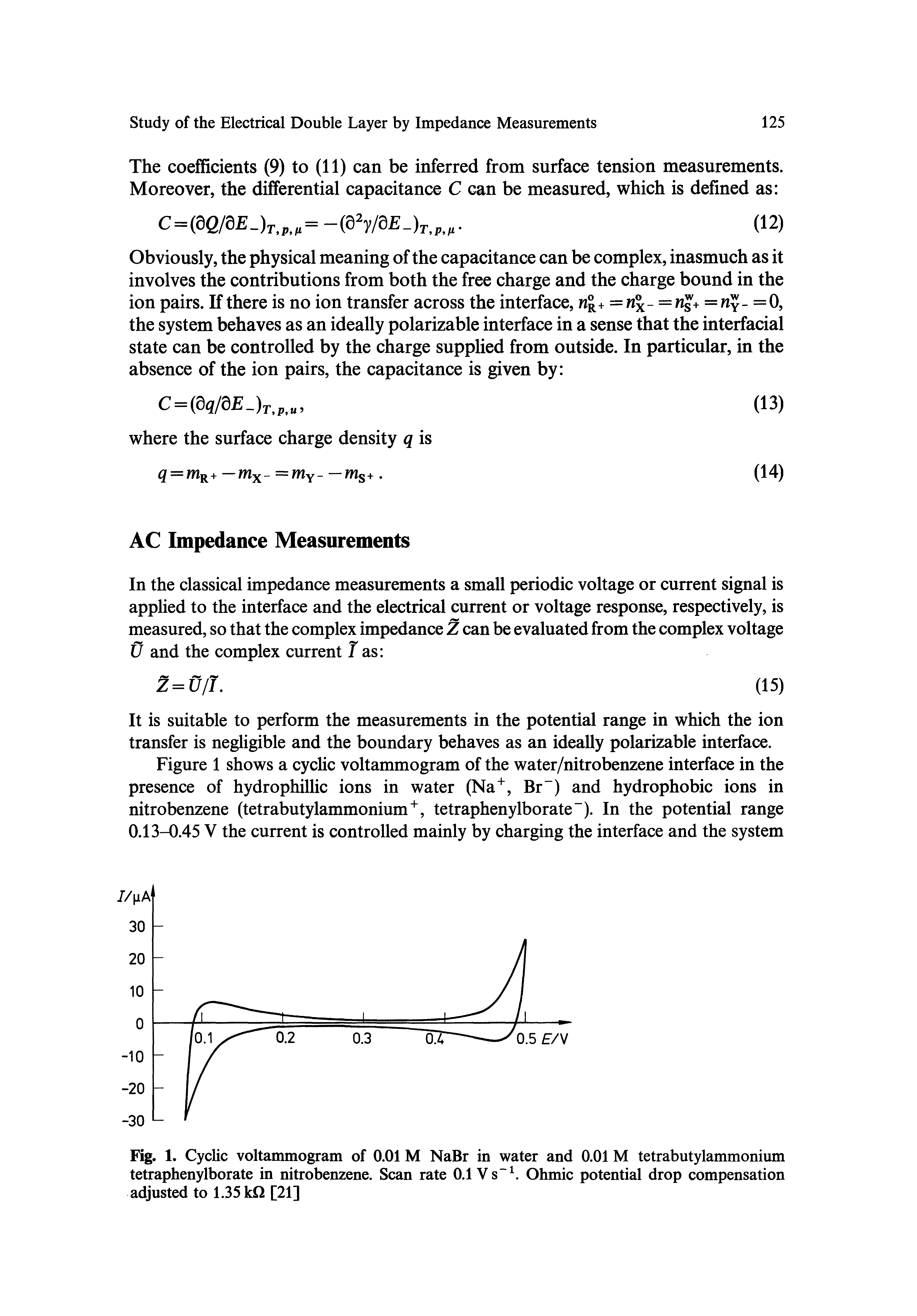 Fig. 1. Cyclic voltammogram of 0.01 M NaBr in water and 0.01 M tetrabutylammonium tetraphenylborate in nitrobenzene. Scan rate 0.1 Vs. Ohmic potential drop compensation adjusted to 1.35 kQ [21]...