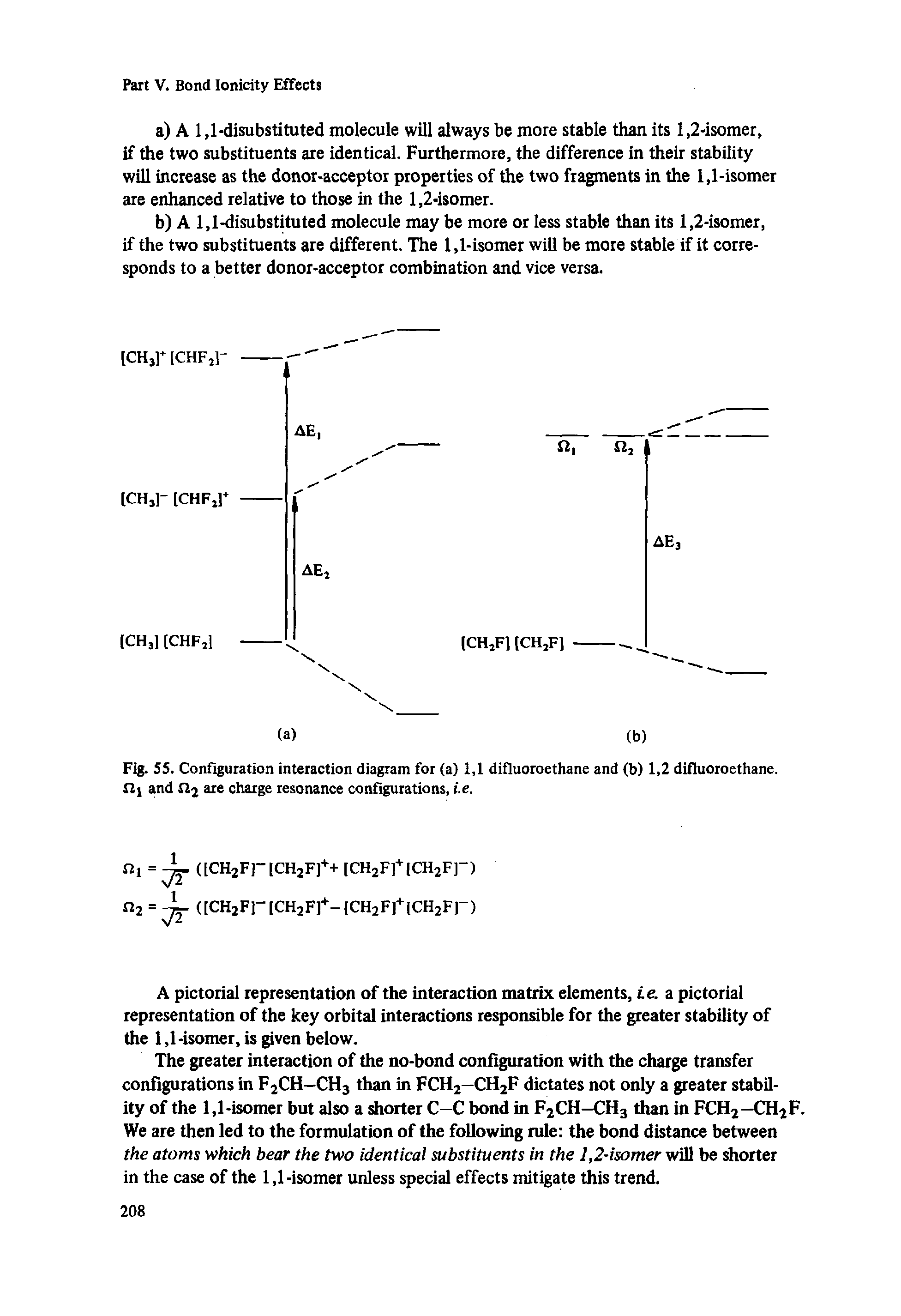 Fig. 55. Configuration interaction diagram for (a) 1,1 difluoroethane and (b) 1,2 difluoroethane. nj and ft2 are charge resonance configurations, i.e.