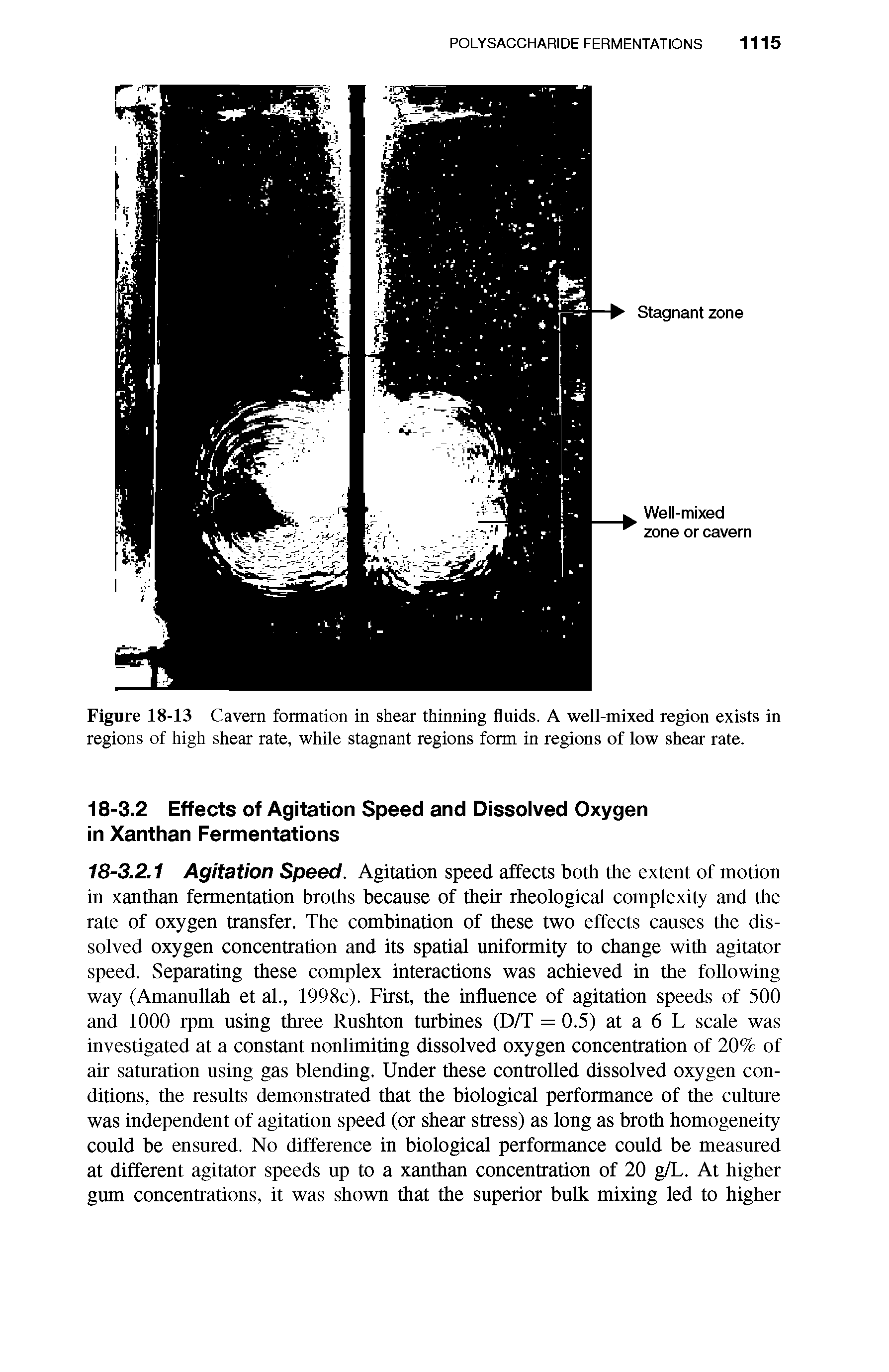 Figure 18-13 Cavern formation in shear thinning fluids. A well-mixed region exists in regions of high shear rate, while stagnant regions form in regions of low shear rate.