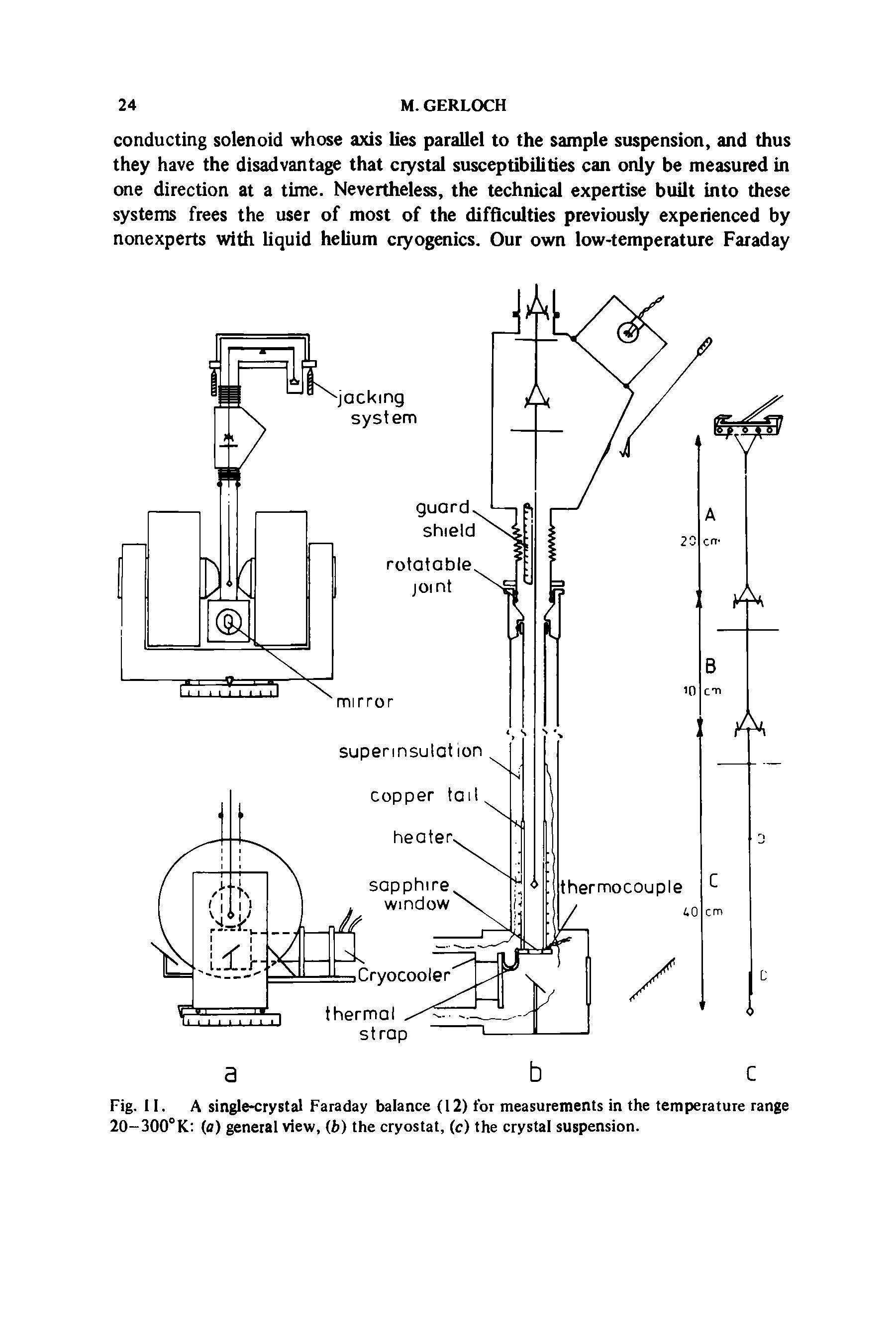 Fig. II. A single-crystal Faraday balance (12) for measurements in the temperature range 20-300°K (a) general view, (b) the cryostat, (c) the crystal suspension.