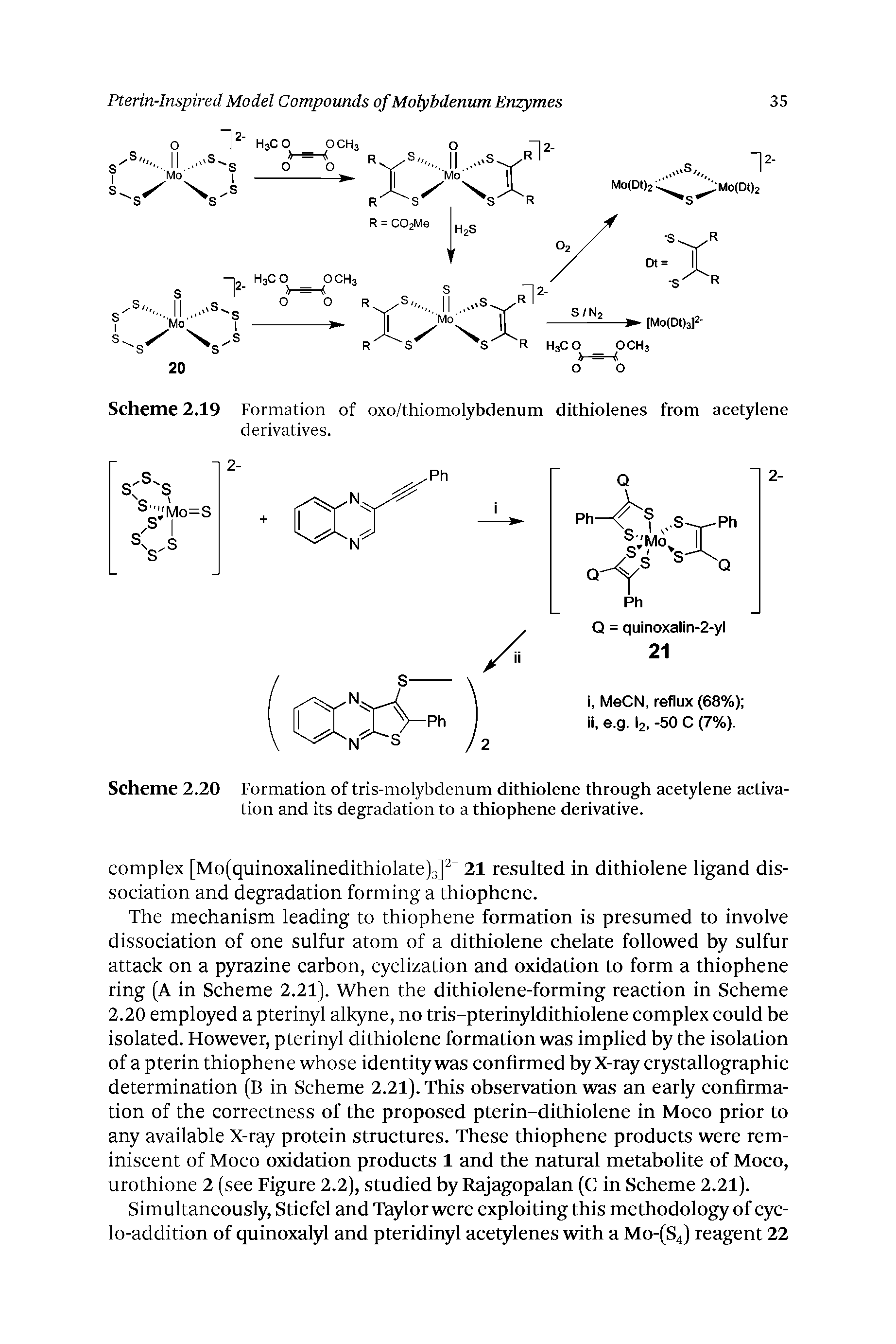 Scheme 2.20 Formation of tris-molybdenum dithiolene through acetylene activation and its degradation to a thiophene derivative.