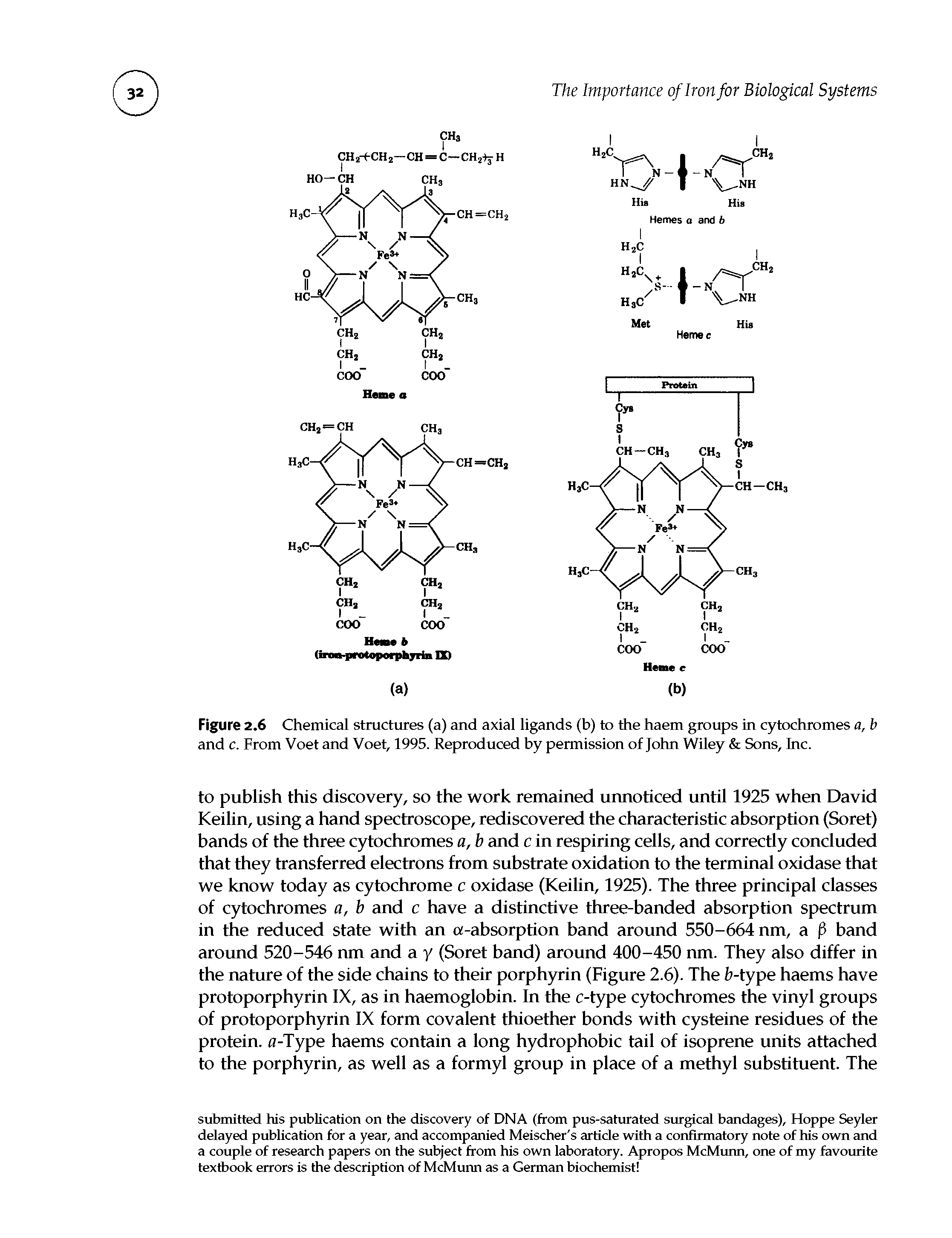 Figure 2.6 Chemical structures (a) and axial ligands (b) to the haem groups in cytochromes a, b and c. From Voet and Voet, 1995. Reproduced by permission of John Wiley Sons, Inc.
