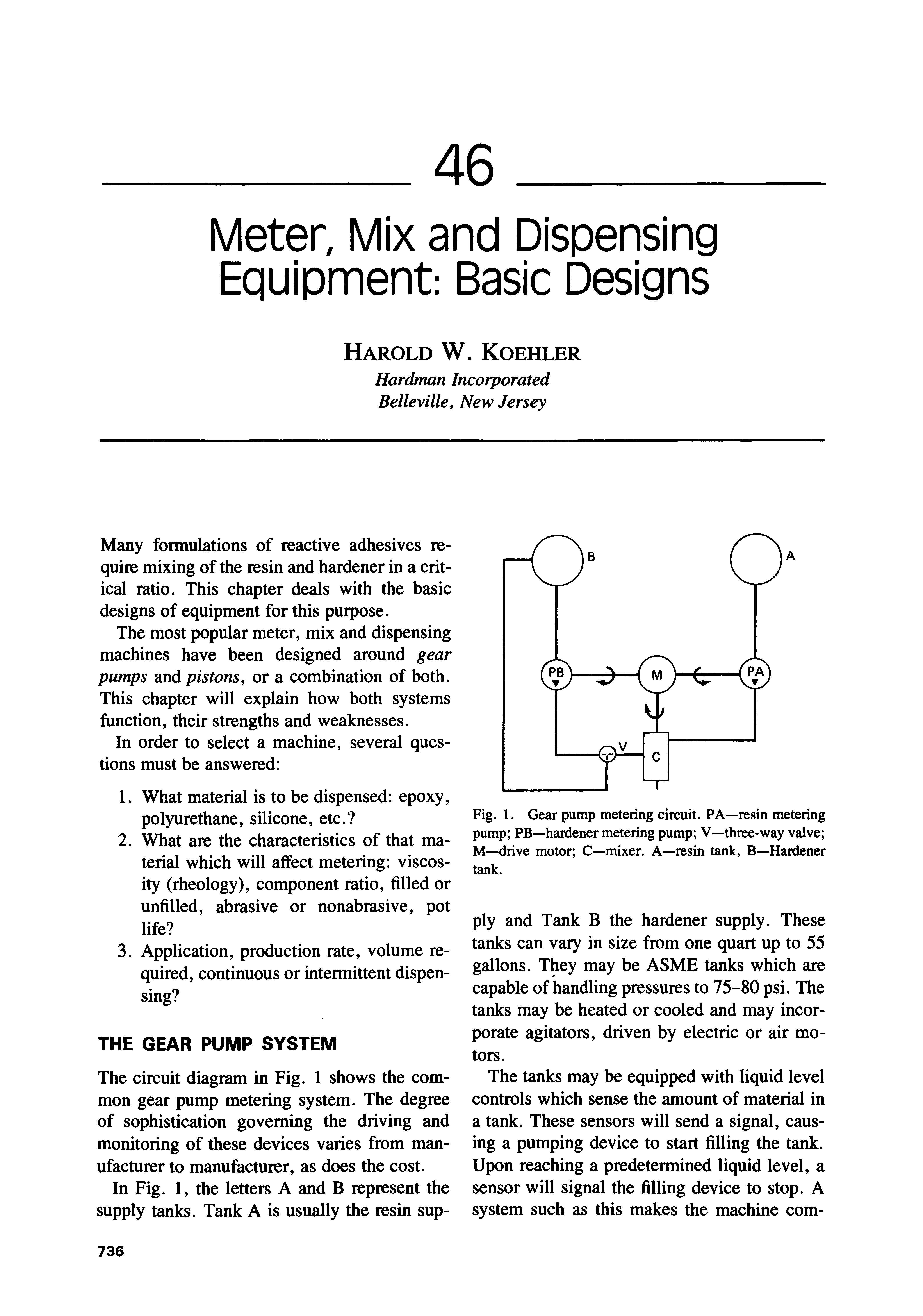Fig. 1. Gear pump metering circuit. PA—resin metering pump PB—hardener metering pump V—three-way valve M—drive motor C—mixer. A—resin tank, B—Hardener tank.