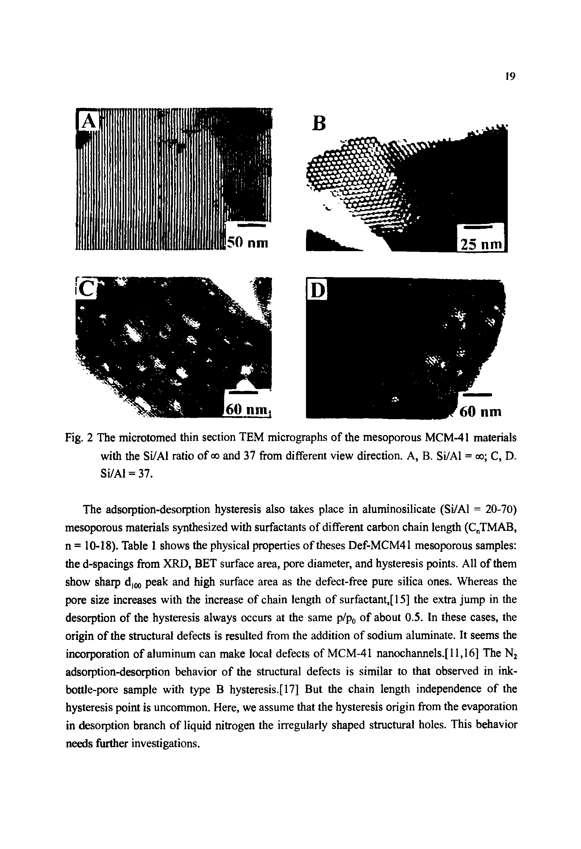 Fig. 2 The microtomed thin section TEM micrographs of the mesoporous MCM-41 materials with the Si/Al ratio of oo and 37 from different view direction. A, B. Si/Al = oo C, D. Si/Al = 37.