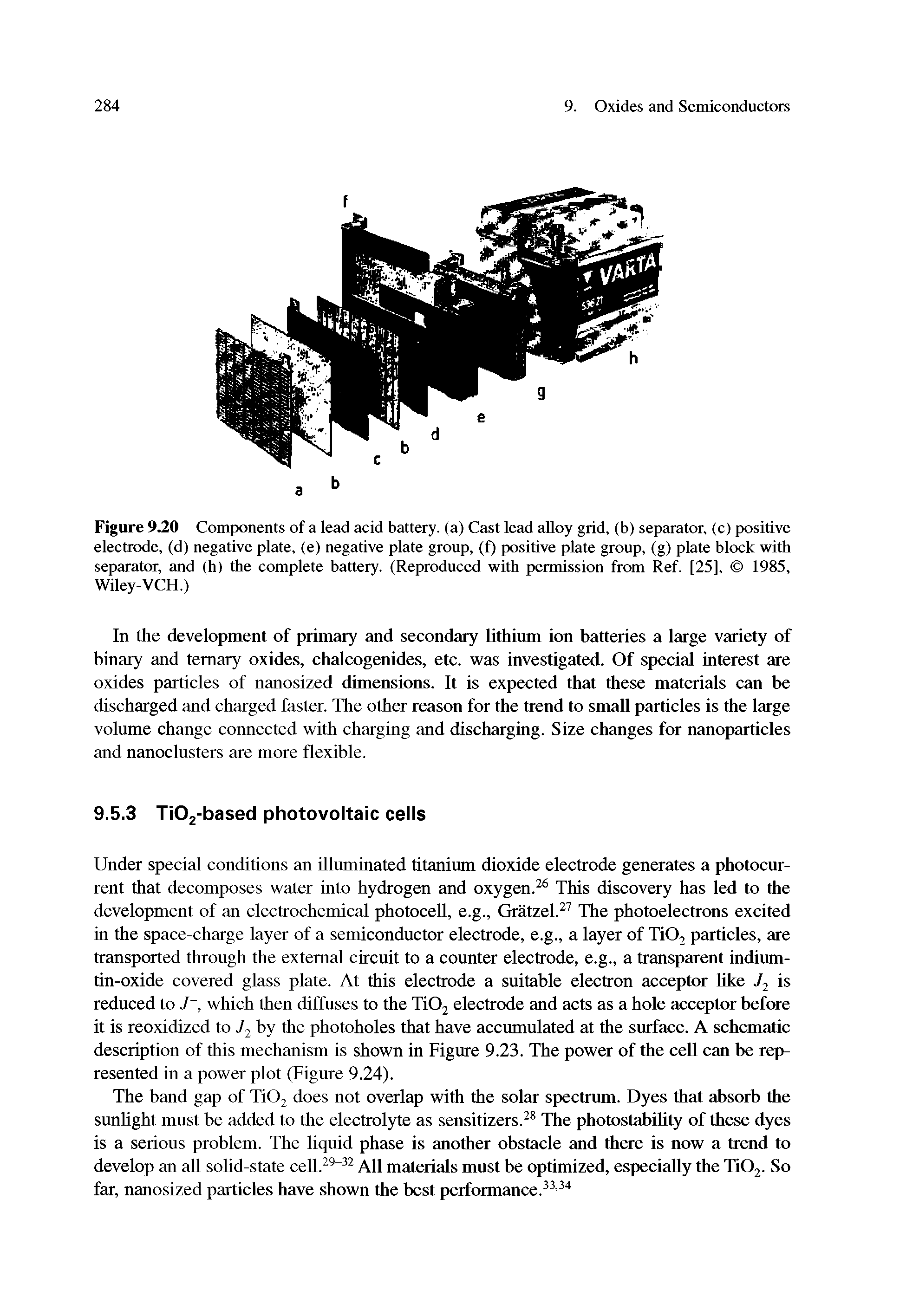 Figure 9 0 Components of a lead acid battery, (a) Cast lead alloy grid, (b) separator, (c) positive electrode, (d) negative plate, (e) negative plate group, (f) positive plate group, (g) plate block with separator, and (h) the complete battery. (Reproduced with permission from Ref. [25], 1985, Wiley-VCH.)...