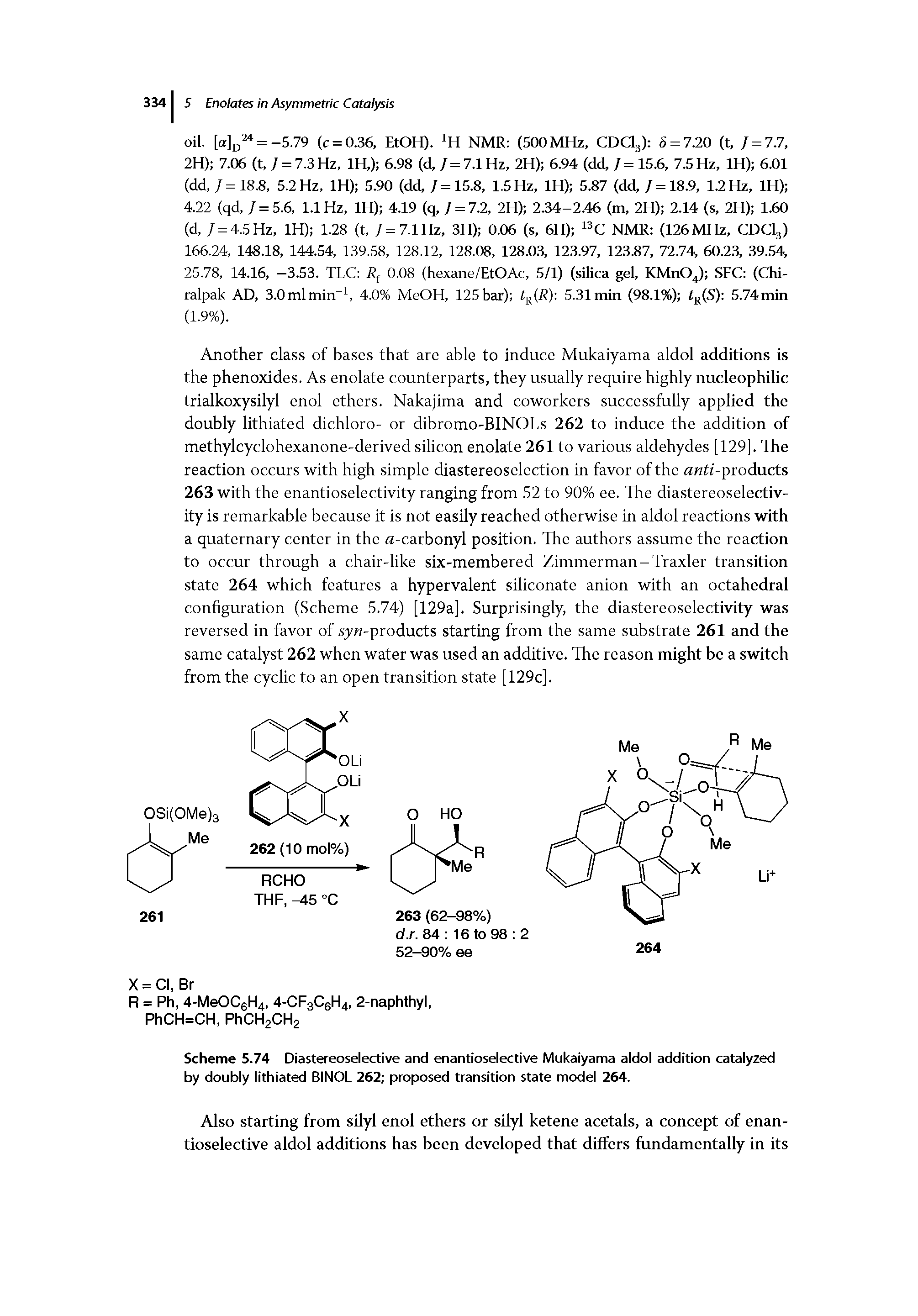 Scheme 5.74 Diastereoselective and enantioselective Mukaiyama aldol addition catalyzed by doubly lithiated BINOL 262 proposed transition state model 264.