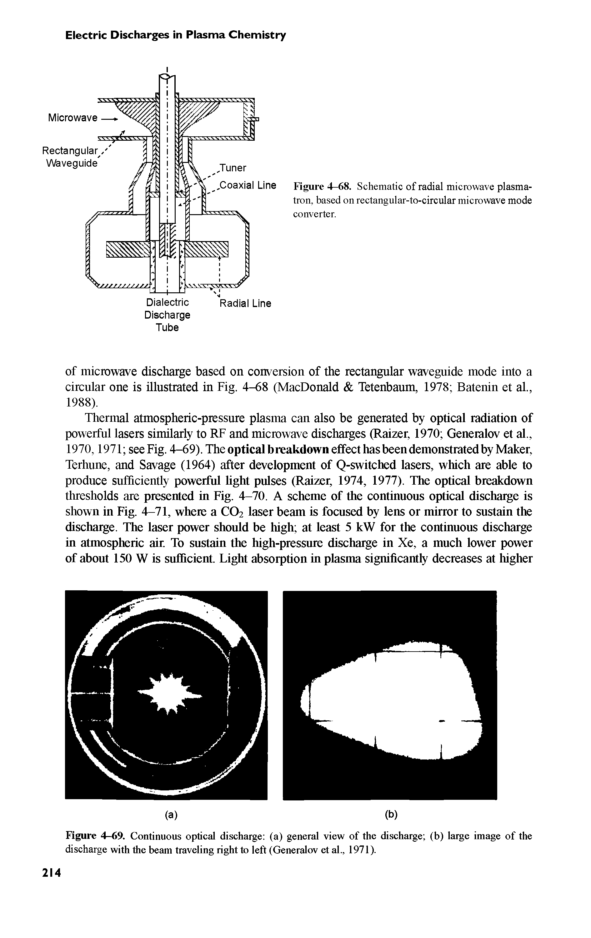 Figure 4-69. Continuous optical discharge (a) general view of the discharge (b) large image of the discharge with the beam traveling right to left (Generalov et al., 1971).