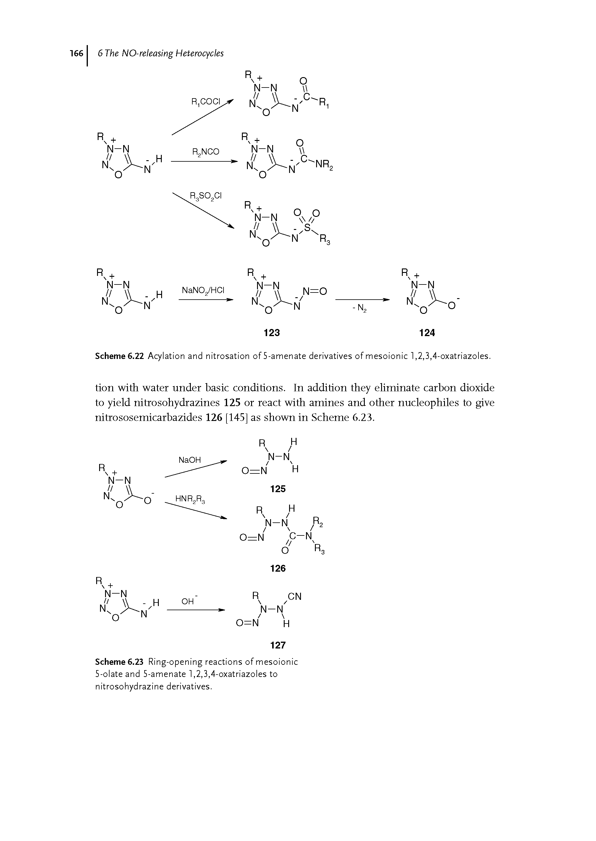 Scheme 6.23 Ring-opening reactions of mesoionic 5-olate and 5-amenate 1,2,3,4-oxatriazoles to nitrosohydrazine derivatives.