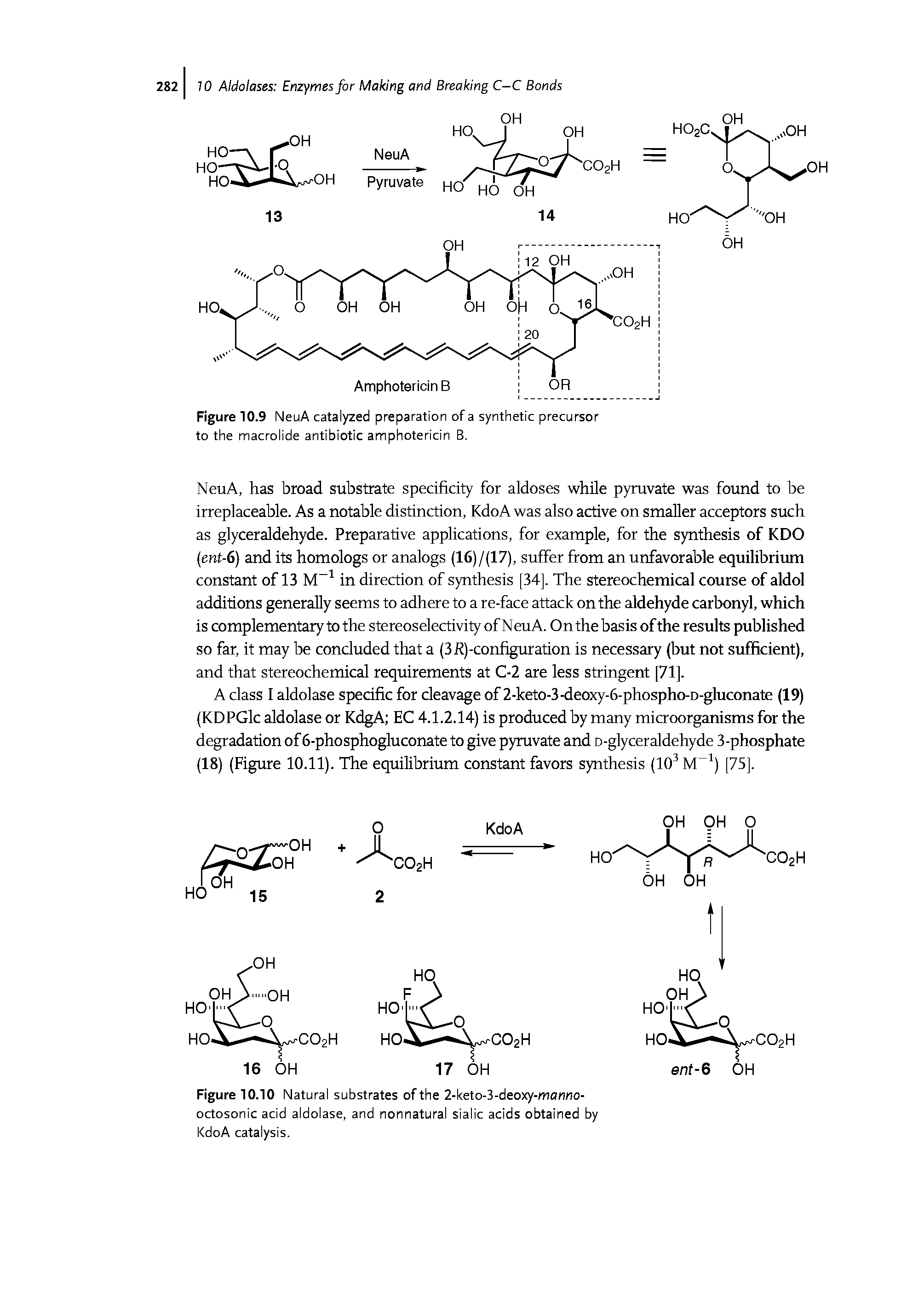 Figure 10.10 Natural substrates of the 2-keto-3-deoxy-monno-octosonic acid aldolase, and nonnatural sialic acids obtained by KdoA catalysis.