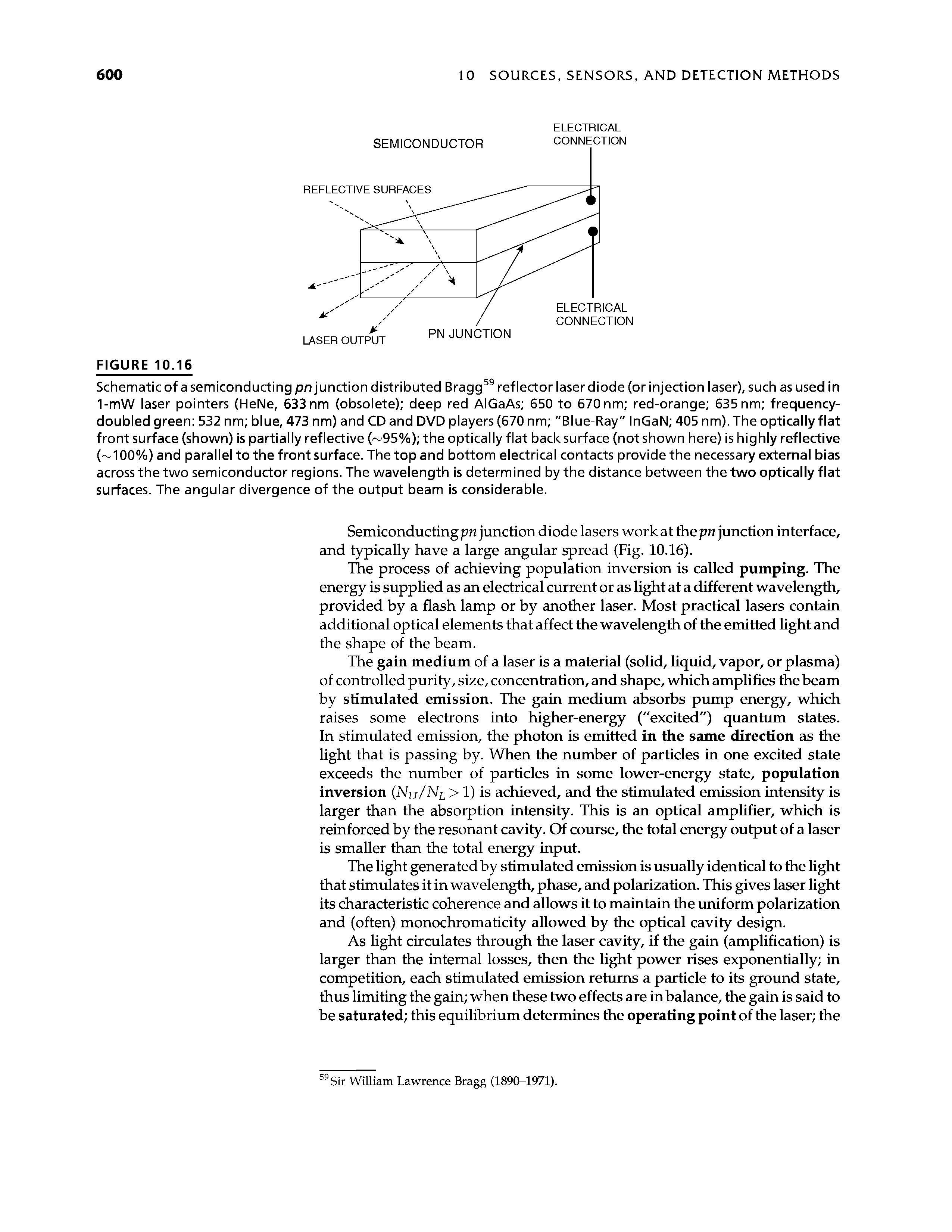 Schematic of a semiconducting pn junction distributed Bragg59 reflector laser diode (or injection laser), such as used in 1-mW laser pointers (HeNe, 633 nm (obsolete) deep red AIGaAs 650 to 670 nm red-orange 635 nm frequency-doubled green 532 nm blue, 473 nm) and CD and DVD players (670 nm "Blue-Ray" InGaN 405 nm). The optically flat front surface (shown) is partially reflective ( 95%) the optically flat back surface (not shown here) is highly reflective ( 100%) and parallel to the front surface. The top and bottom electrical contacts provide the necessary external bias across the two semiconductor regions. The wavelength is determined by the distance between the two optically flat surfaces. The angular divergence of the output beam is considerable.