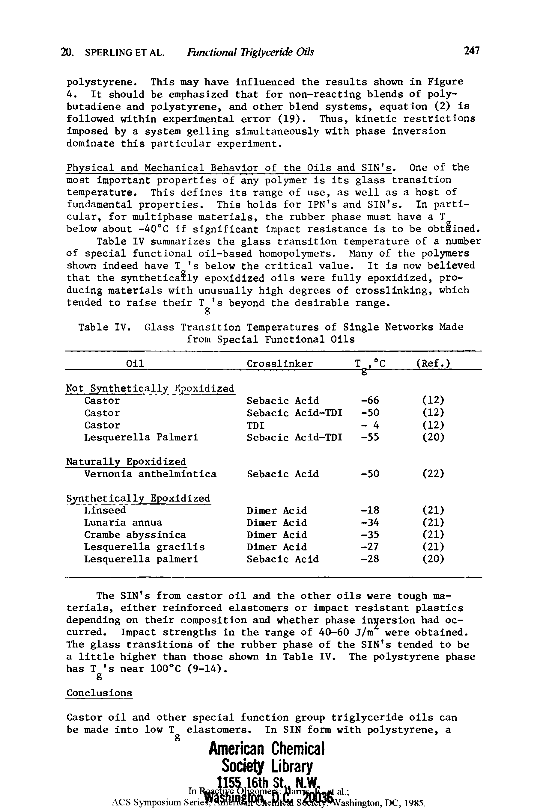 Table IV summarizes the glass transition temperature of a number of special functional oil-based homopolymers. Many of the polymers shown indeed have T s below the critical value. It is now believed that the synthetically epoxidized oils were fully epoxidized, producing materials with unusually high degrees of crosslinking, which tended to raise their T s beyond the desirable range.