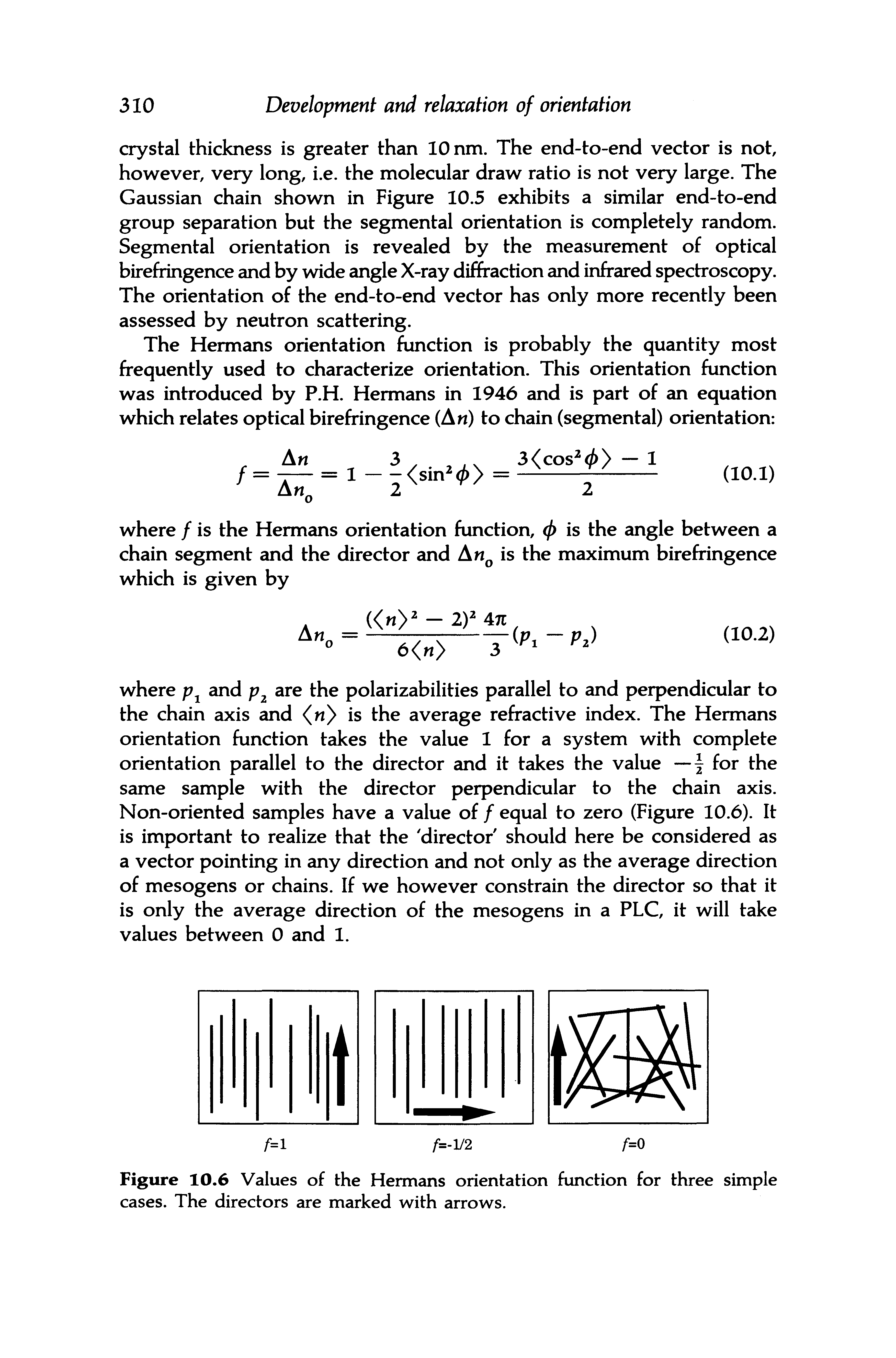 Figure 10.6 Values of the Hermans orientation function for three simple cases. The directors are marked with arrows.