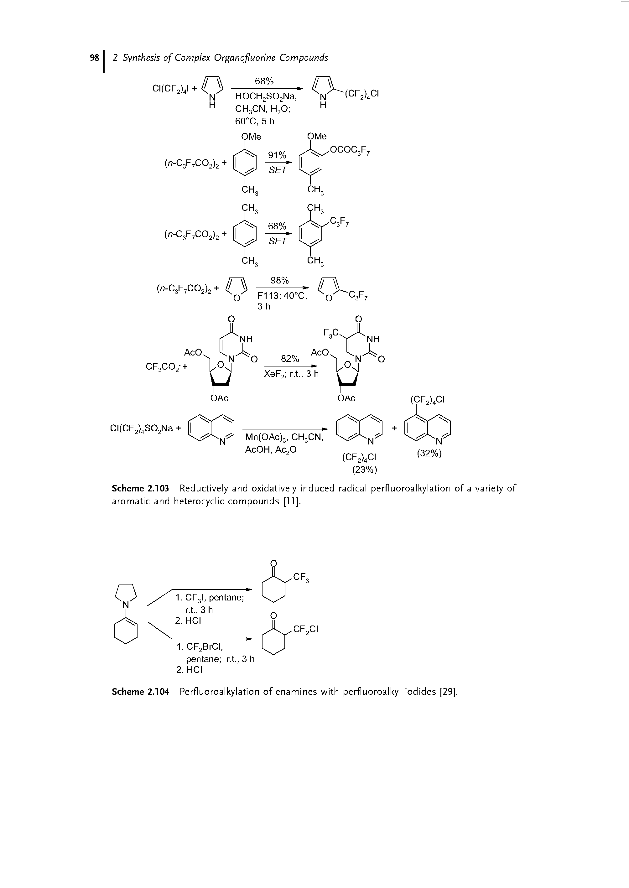 Scheme 2.103 Reductively and oxidatively induced radical perfluoroalkylation of a variety of aromatic and heterocyclic compounds [11].