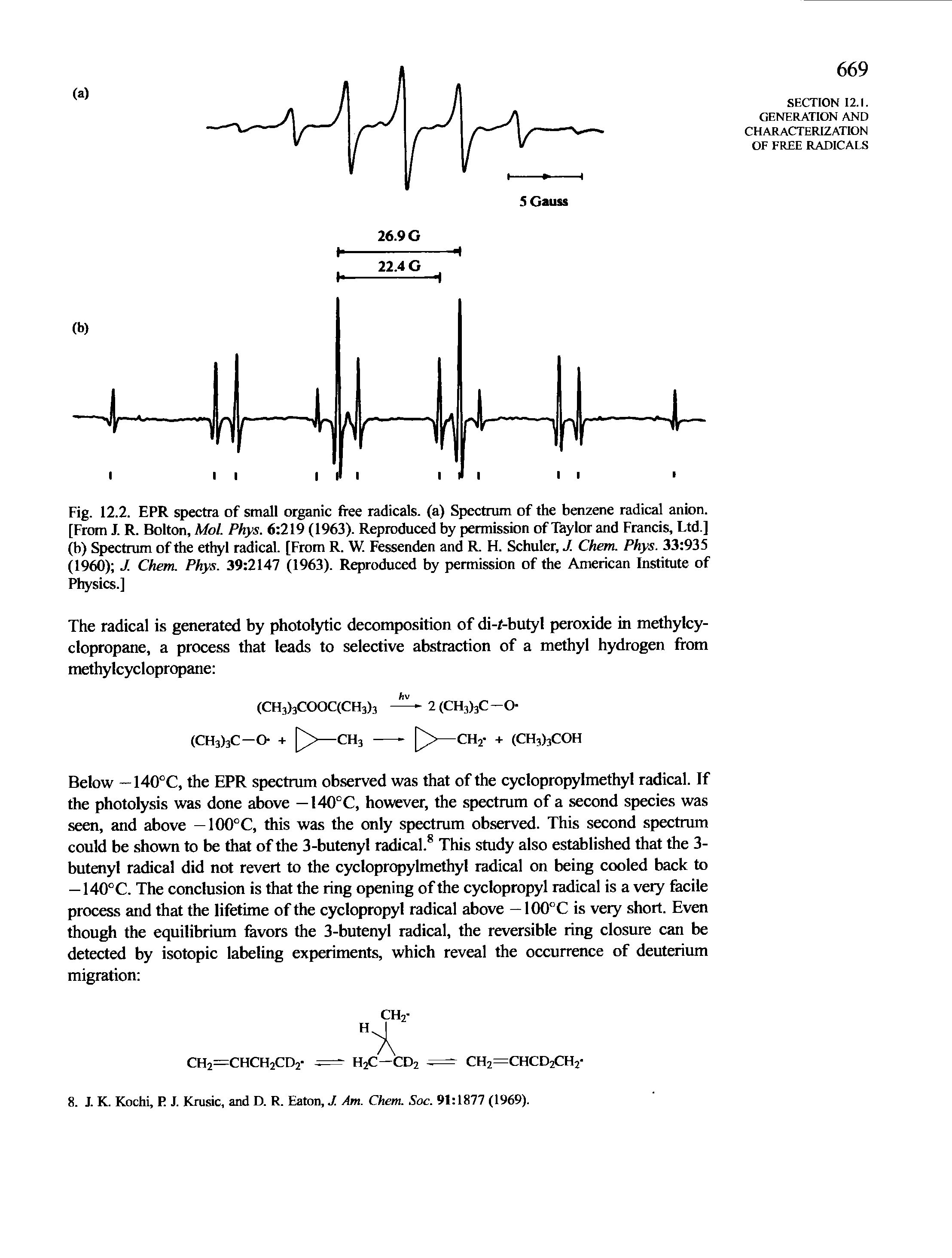 Fig. 12.2. EPR spectra of small organic free radicals, (a) Spectrum of the benzene radical anion. [From J. R. Bolton, Mol. Phys. 6 219 (1963). Reproduced by permission of Taylor and Francis, Ltd.] (b) Spectrum of the ethyl radical. [From R. W. Fessenden and R. H. Schuler, J. Chem. Phys. 33 935 (1960) J. Chem. Phys. 39 2147 (1963). Reproduced by permission of the American Institute of Physics.]...