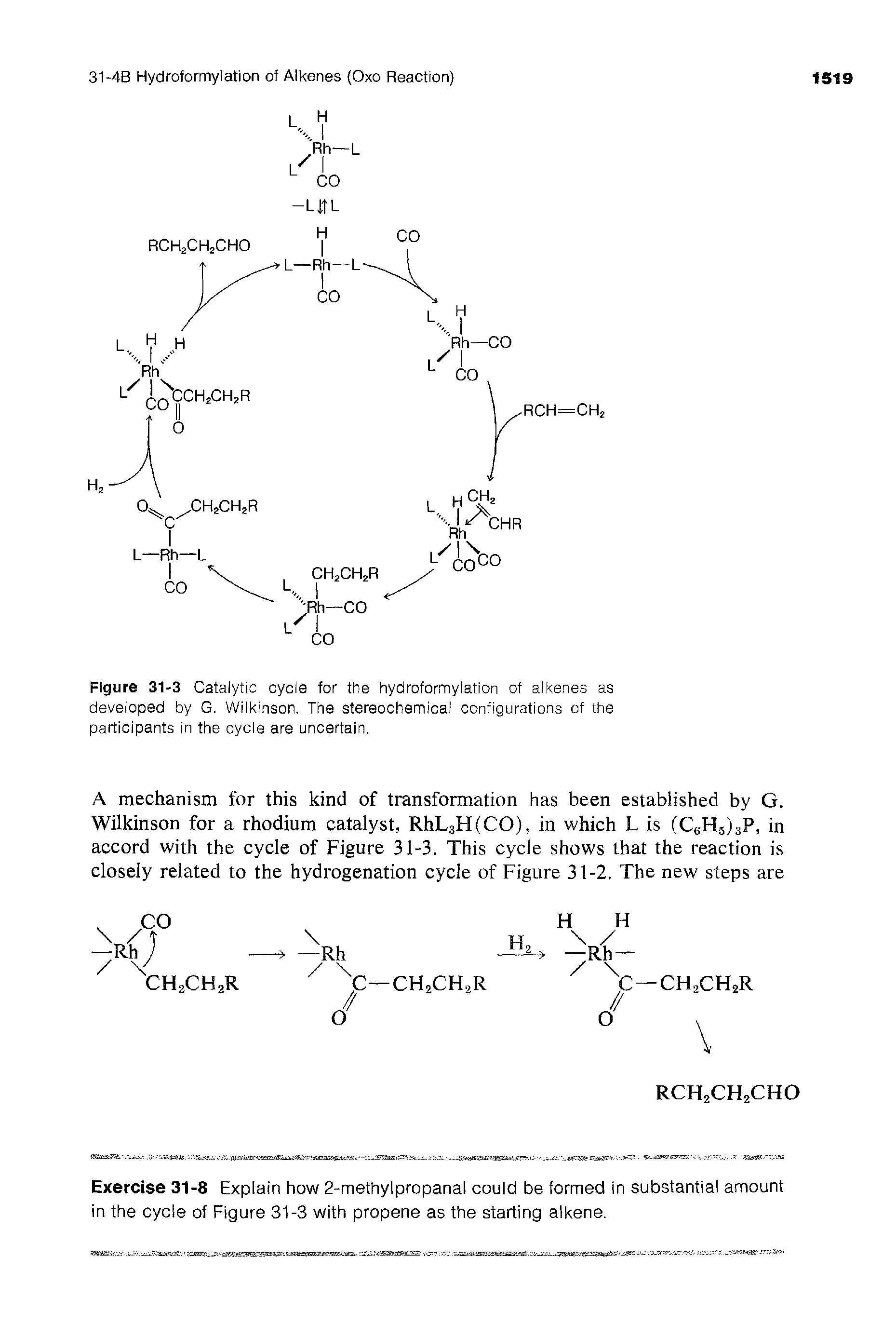 Figure 31-3 Catalytic cycle for the hydroformylation of alkenes as developed by G. Wilkinson. The stereochemical configurations of the participants in the cycle are uncertain.