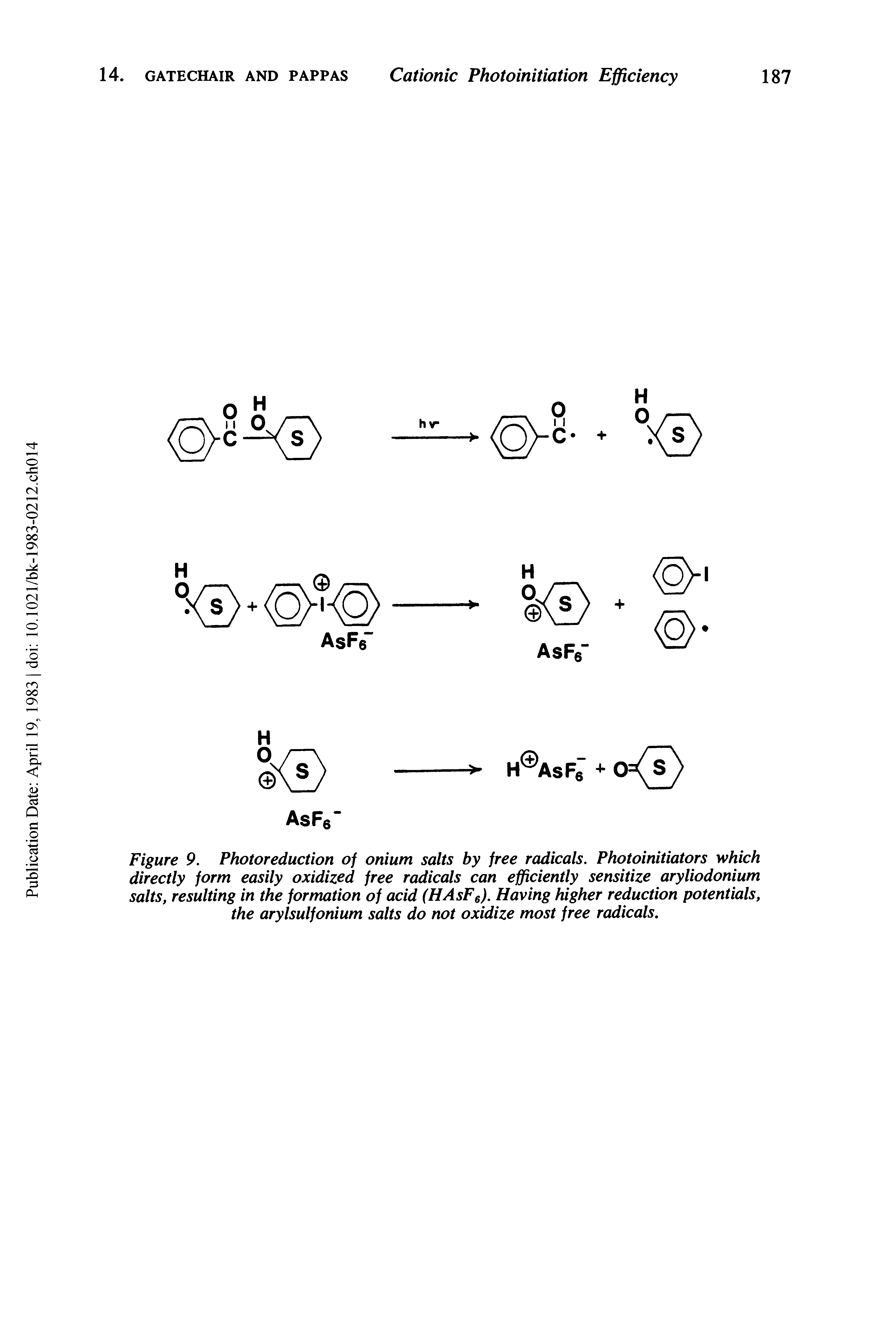 Figure 9. Photoreduction of onium salts by free radicals. Photoinitiators which directly form easily oxidized free radicals can efficiently sensitize aryliodonium salts, resulting in the formation of acid (HAsP ). Having higher reduction potentials, the arylsulfonium salts do not oxidize most free radicals.