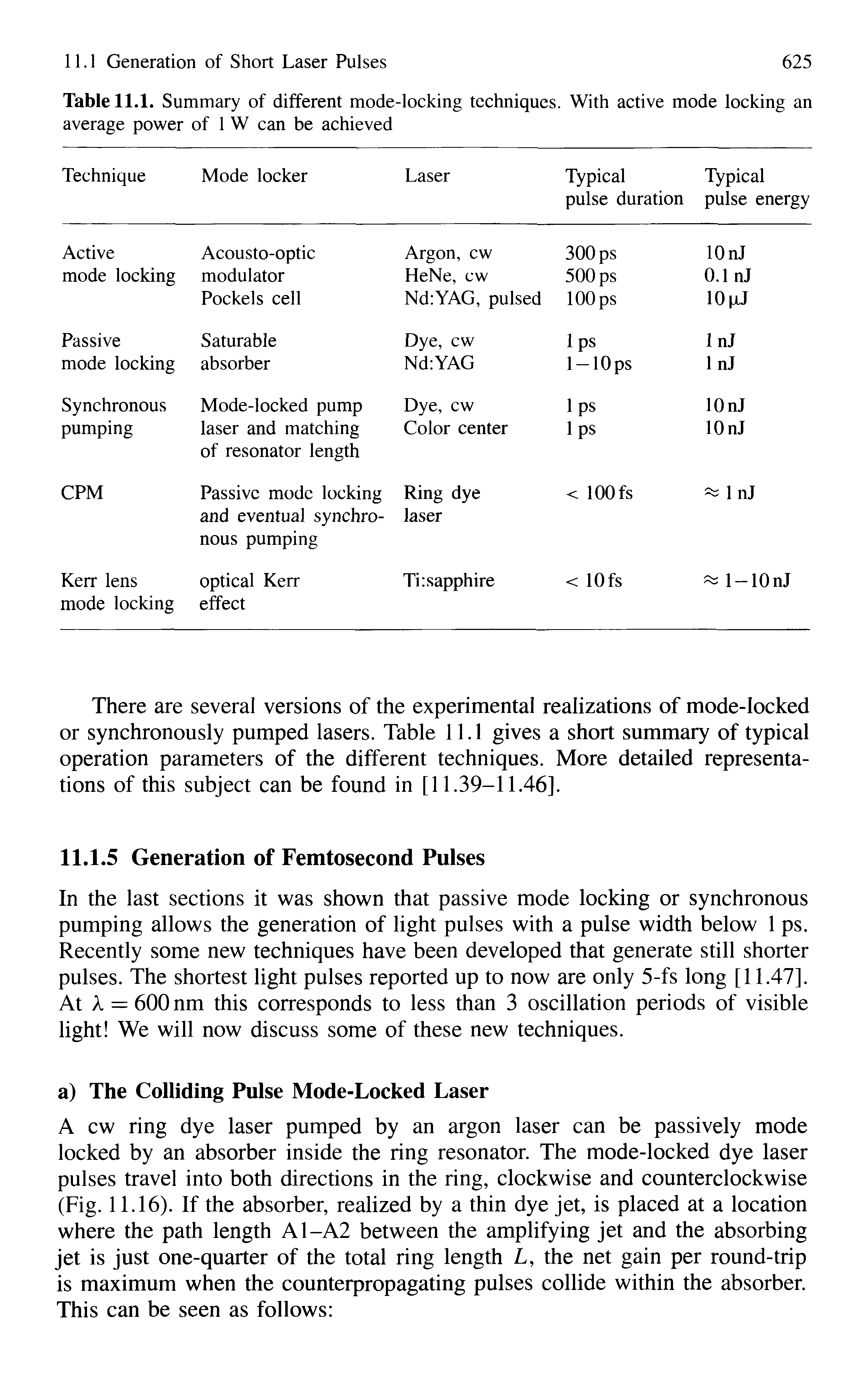 Table 11.1. Summary of different mode-locking techniques. With active mode locking an average power of 1 W can be achieved...