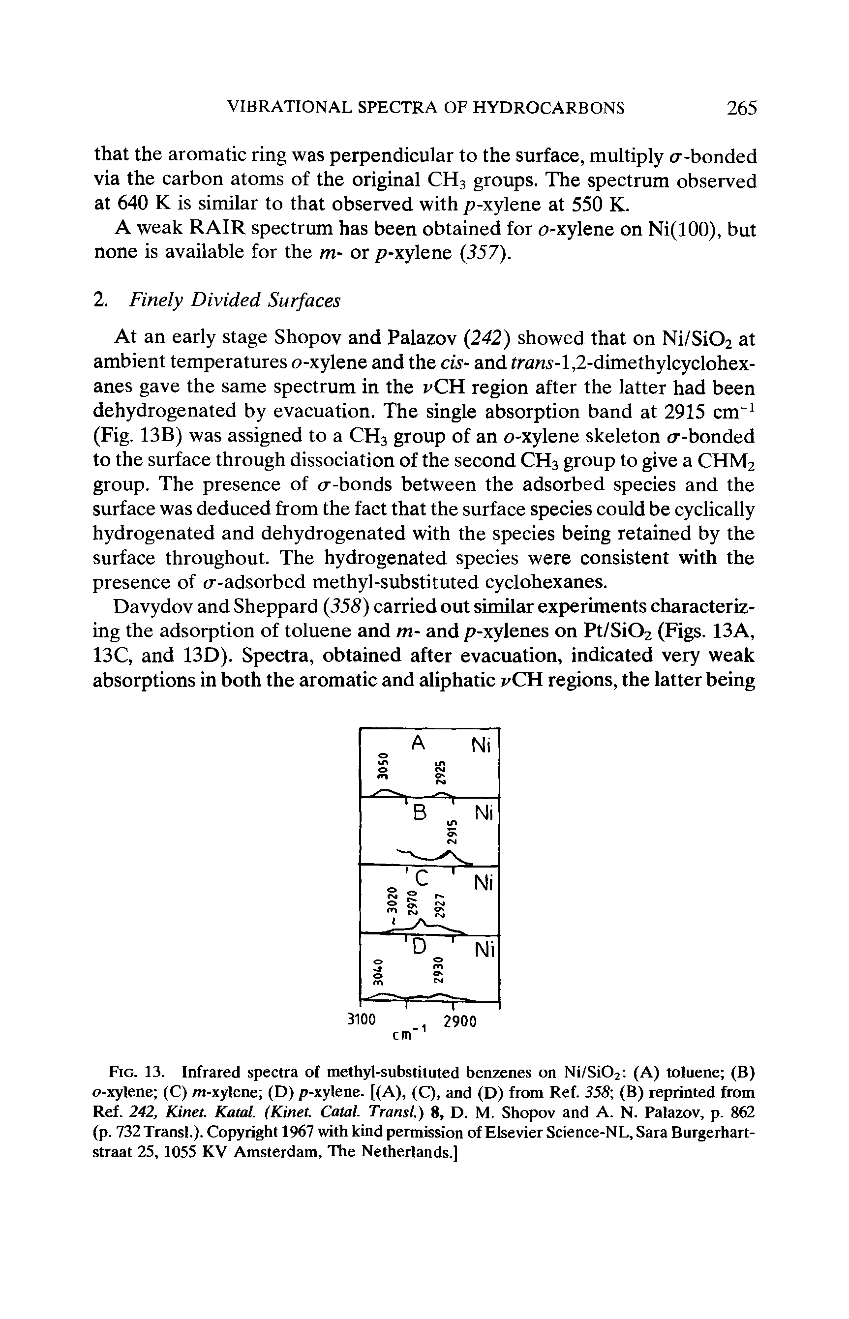 Fig. 13. Infrared spectra of methyl-substituted benzenes on Ni/Si02 (A) toluene (B) o-xylene (C) /n-xylene (D) p-xylene. [(A), (C), and (D) from Ref. 358 (B) reprinted from Ref. 242, Kinet. Kami (Kinet. Catal. Transl.) 8, D. M. Shopov and A. N. Palazov, p. 862 (p. 732 Transl.). Copyright 1967 with kind permission of Elsevier Science-NL, Sara Burgerhart-straat 25, 1055 KV Amsterdam, The Netherlands.]...