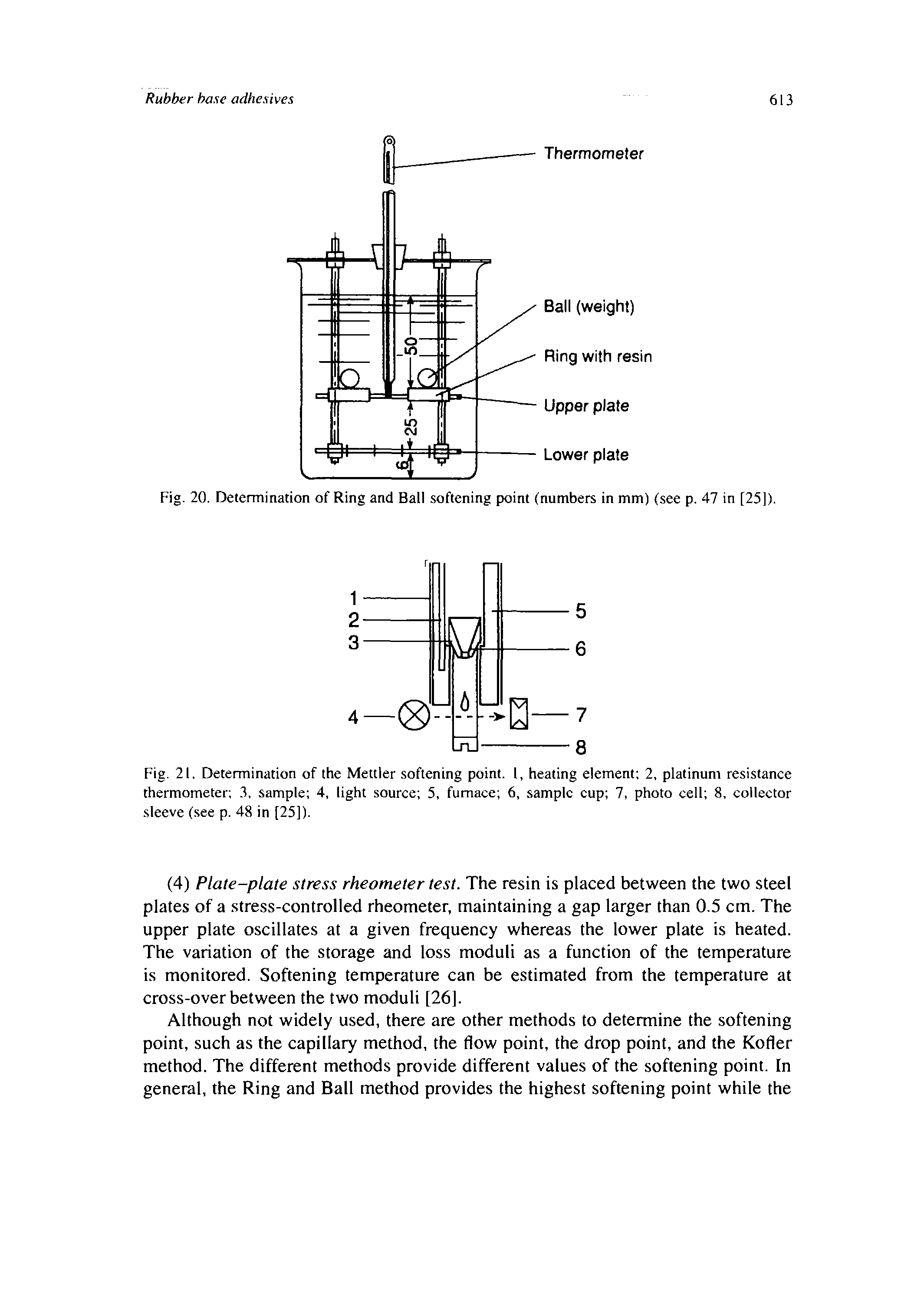 Fig. 21. Determination of the Mettler softening point. 1, heating element 2, platinum resistance thermometer 3, sample 4, light source 5, furnace 6, sample cup 7, photo cell 8, collector sleeve (see p. 48 in [25]).