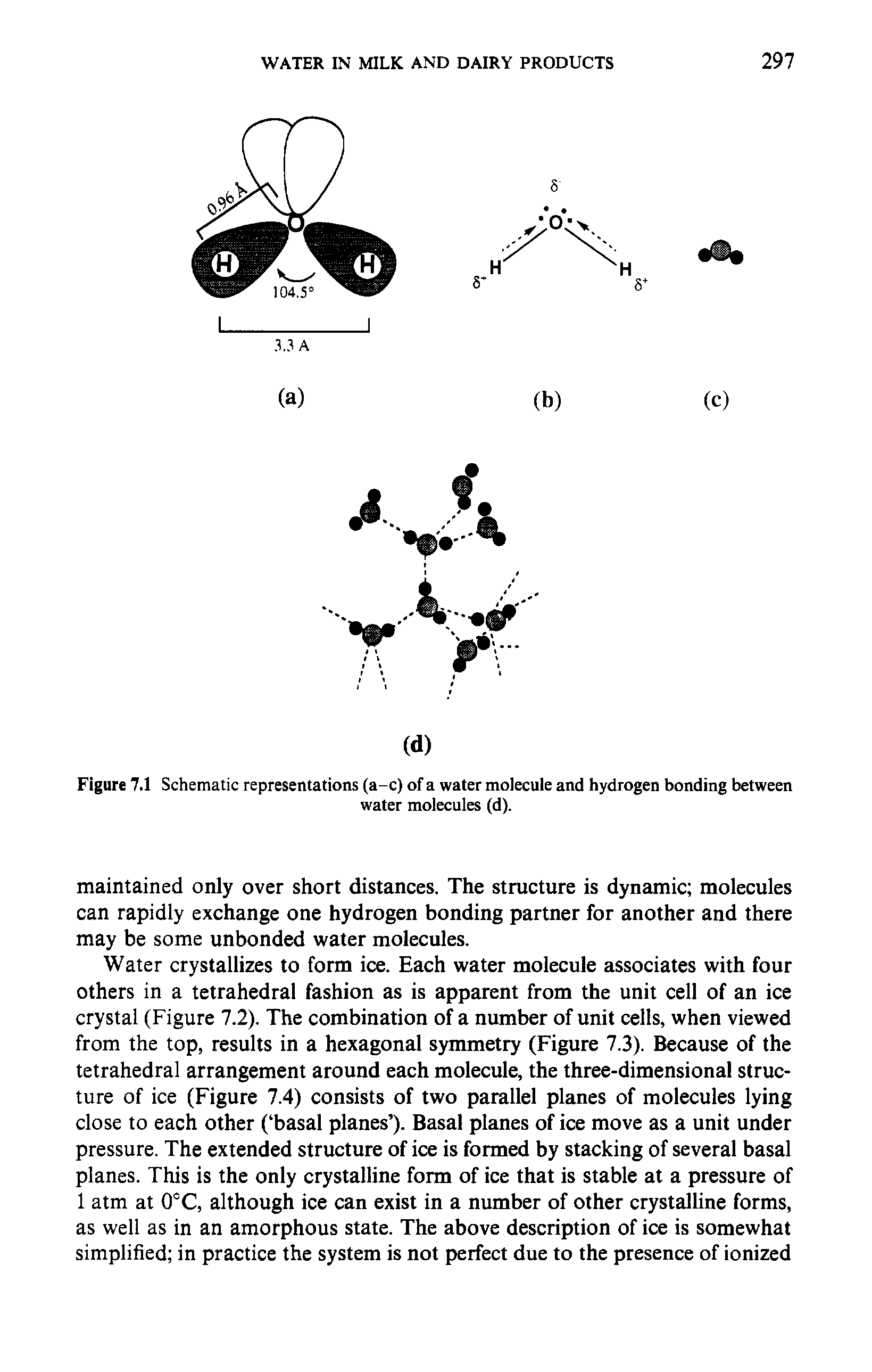 Figure 7.1 Schematic representations (a-c) of a water molecule and hydrogen bonding between...