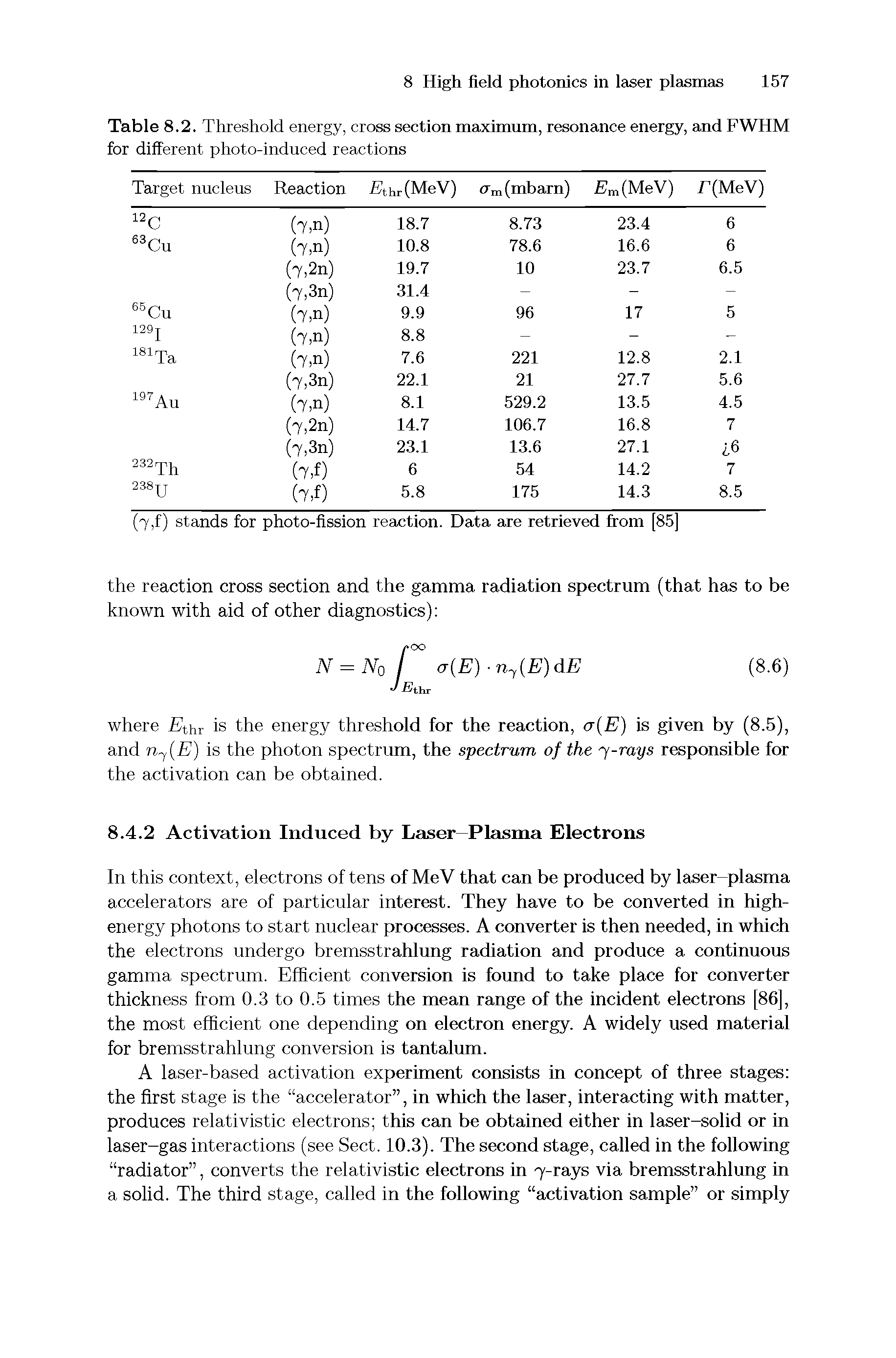 Table 8.2. Threshold energy, cross section maximum, resonance energy, and FWHM for different photo-induced reactions...