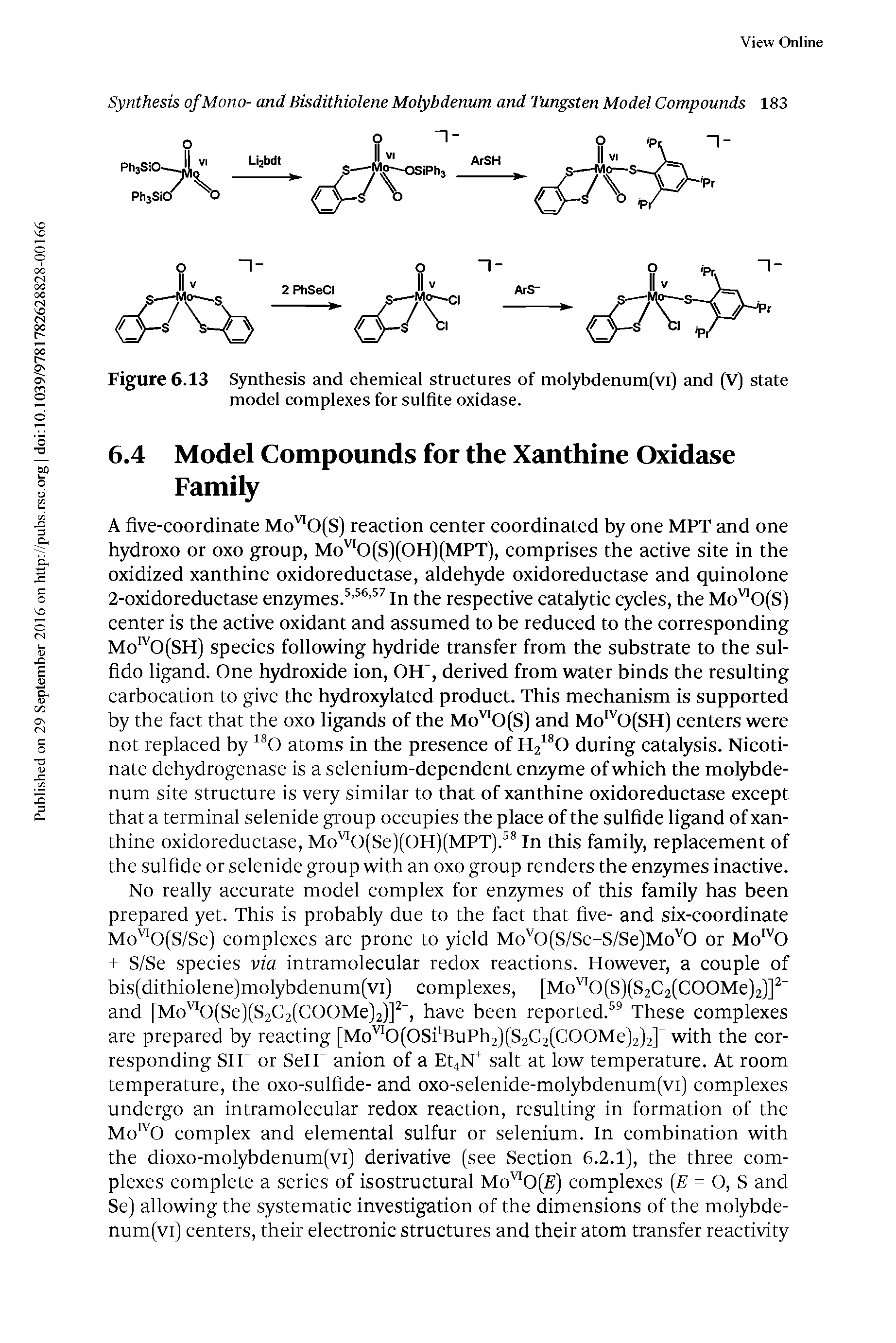Figure 6.13 Synthesis and chemical structures of molybdenum(vi) and (V) state model complexes for sulfite oxidase.