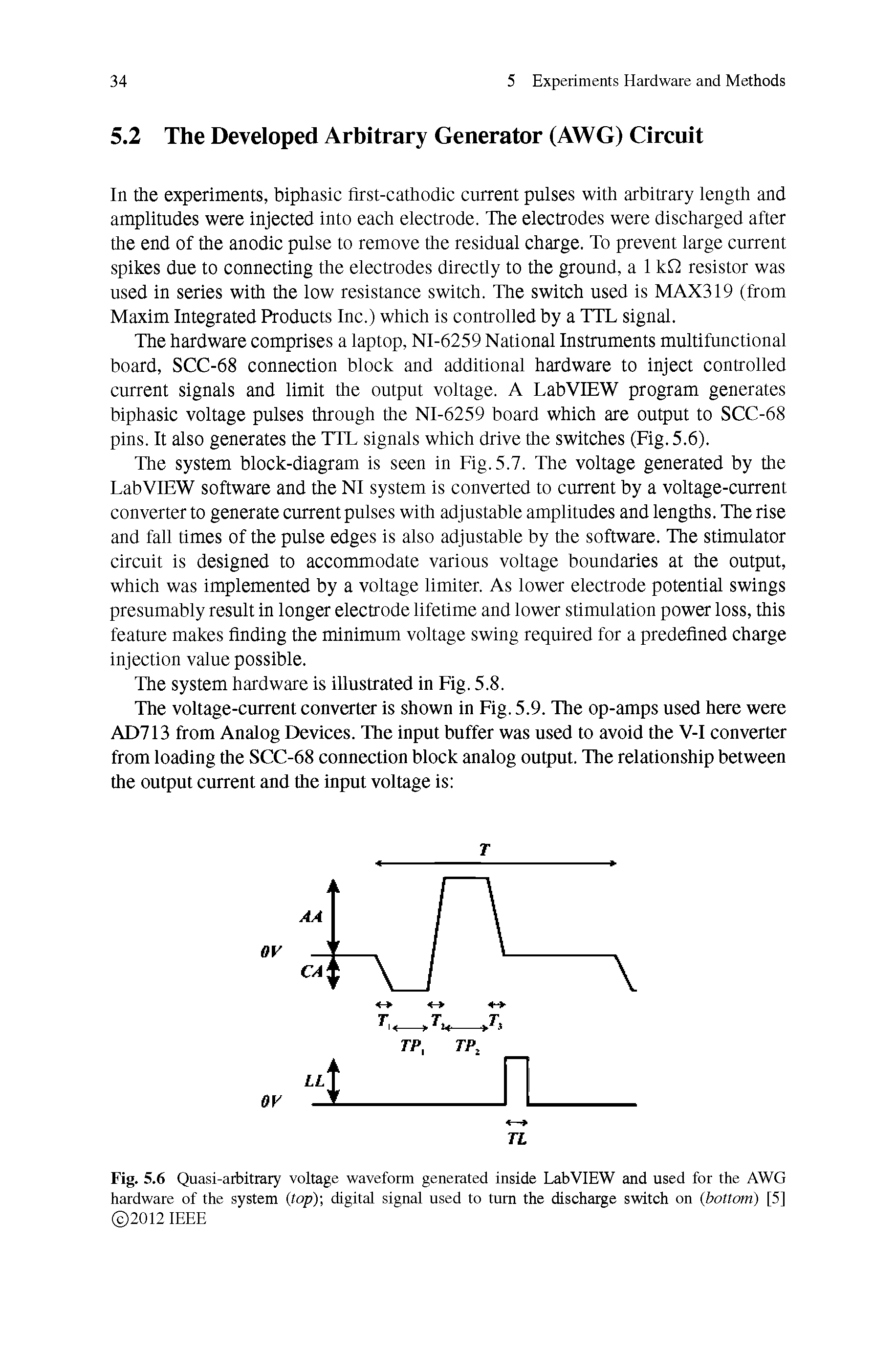 Fig. 5.6 Quasi-arbitrary voltage waveform generated inside LabVIEW and used for the AWG hardware of the system top) digital signal used to turn the discharge switch on bottom) [5] 2012 IEEE...