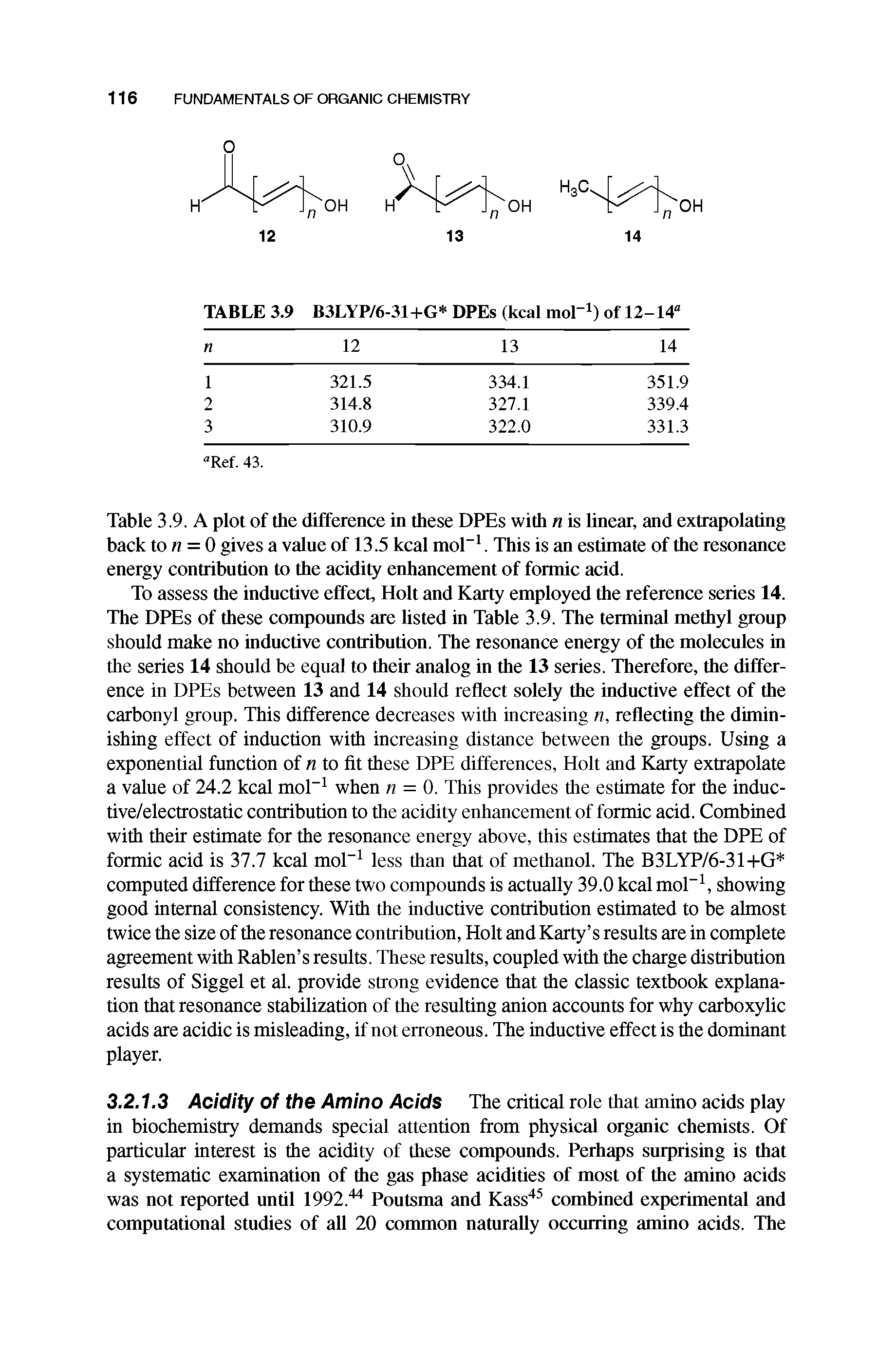 Table 3.9. A plot of the difference in these DPEs with n is linear, and extrapolating back to n = 0 gives a valne of 13.5 kcal mor. This is an estimate of the resonance energy contribution to the acidity enhancement of formic acid.