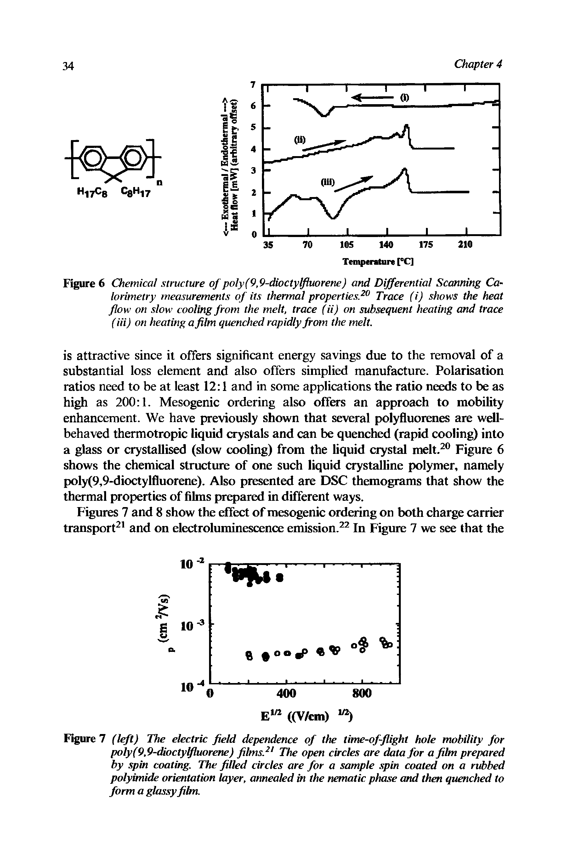 Figure 6 Chemical structure of poly(9,9-dioctylfluorene) and Differential Scanning Calorimetry measurements of its thermal propertiesf Trace (i) shows the heat flow on slow cooling from the melt, trace (ii) on subsequent heating and trace (Hi) on heating a film quenched rapidly from the melt.