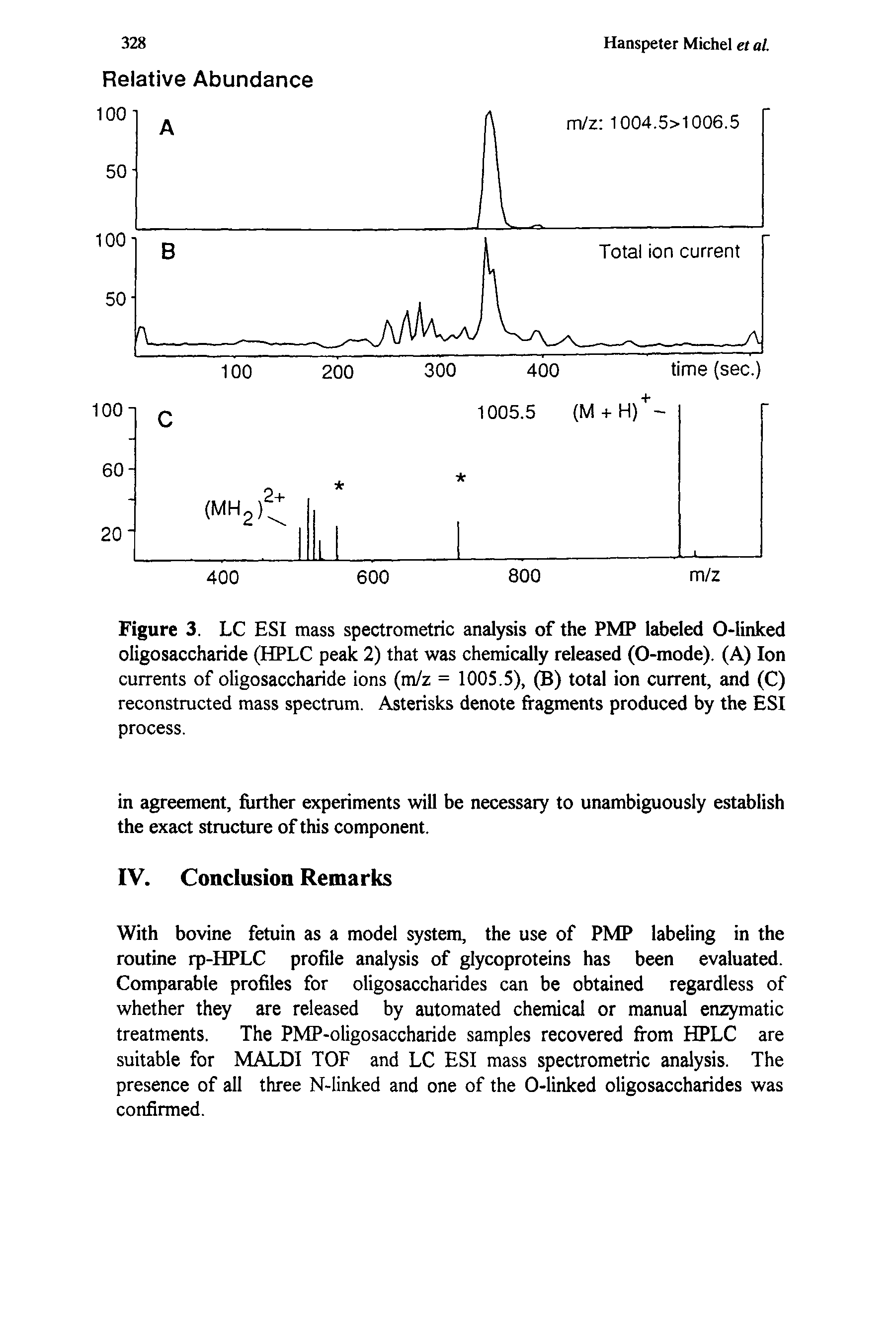 Figure 3. LC ESI mass spectrometric analysis of the PMP labeled 0-linked oligosaccharide (HPLC peak 2) that was chemically released (0-mode). (A) Ion currents of oligosaccharide ions (m/z = 1005.5), (B) total ion current, and (C) reconstructed mass spectrum. Asterisks denote fragments produced by the ESI process.