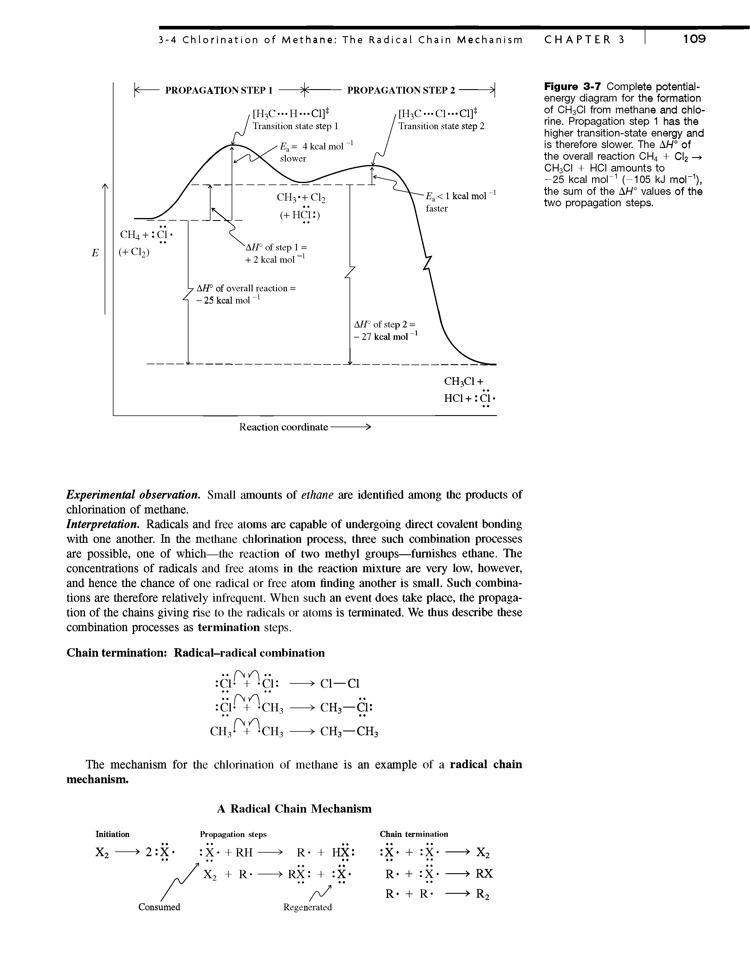 Figure 3-7 Compiete potential-energy diagram for the formation of CH3CI from methane and chlorine. Propagation step 1 has the higher transition-state energy and is therefore slower. The AH° of the overall reaction CH4 + CI2 CH3CI + HCI amounts to -25 kcal mol" (-105 kJ mol" ), the sum of the AH° values of the two propagation steps.
