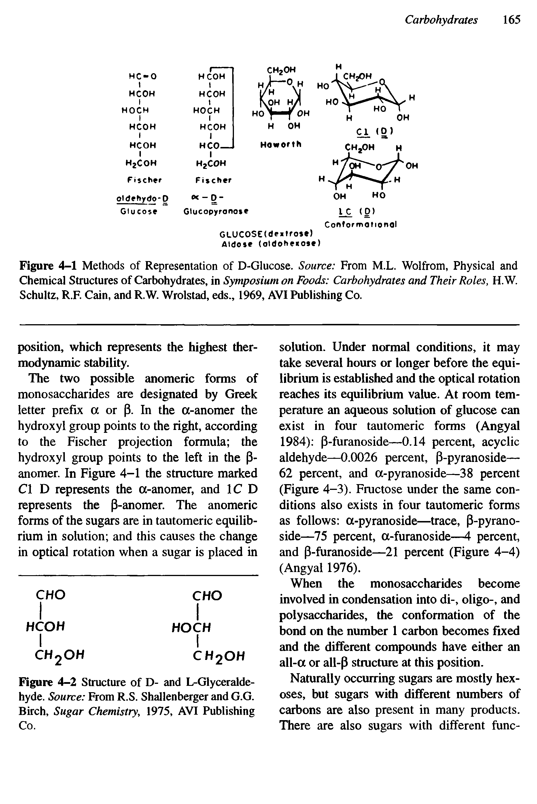 Figure 4-1 Methods of Representation of D-Glucose. Source From M.L. Wolfrom, Physical and Chemical Structures of Carbohydrates, in Symposium on Foods Carbohydrates and Their Roles, H. W. Schultz, R.F. Cain, and R.W. Wrolstad, eds., 1969, AVI Publishing Co.