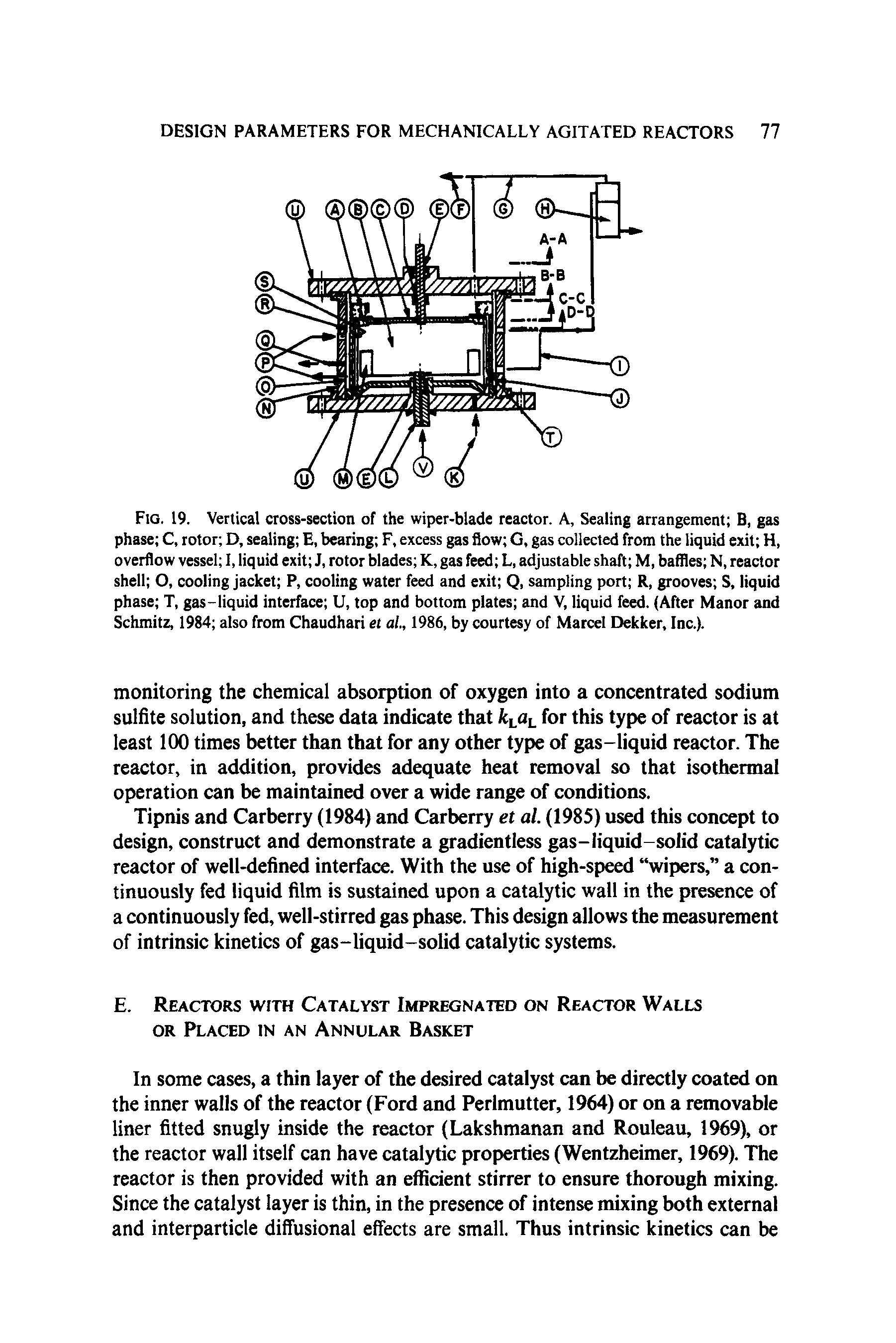 Fig. 19. Vertical cross-section of the wiper-blade reactor. A, Sealing arrangement B, gas phase C, rotor D, sealing E, bearing F, excess gas flow G, gas collected from the liquid exit H, overflow vessel I, liquid exit J, rotor blades K, gas feed L, adjustable shaft M, baffles N, reactor shell O, cooling jacket P, cooling water feed and exit Q, sampling port R, grooves S, liquid phase T, gas-liquid interface U, top and bottom plates and V, liquid feed. (After Manor and Schmitz, 1984 also from Chaudhari et al., 1986, by courtesy of Marcel Dekker, Inc.).