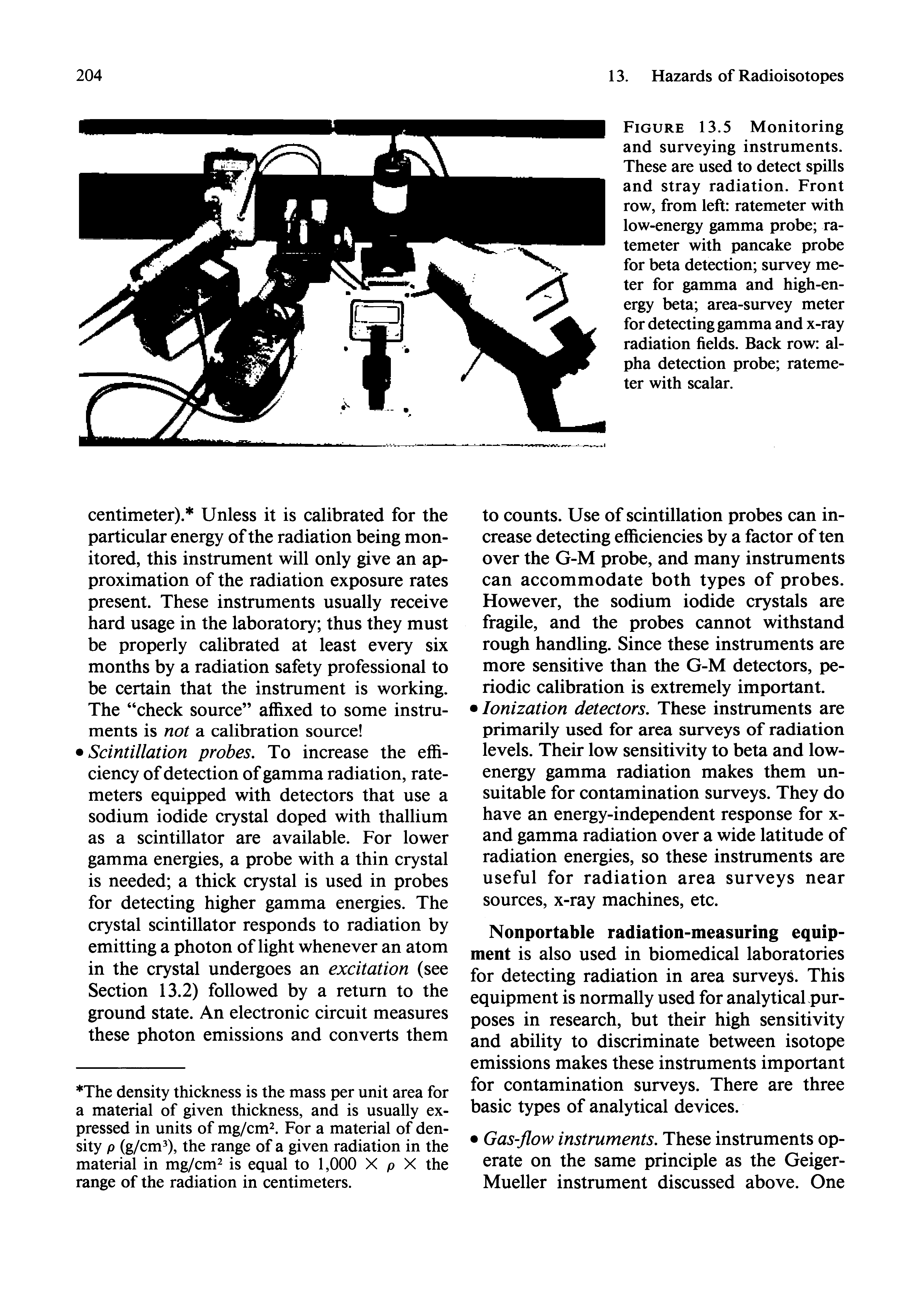Figure 13.5 Monitoring and surveying instruments. These are used to detect spills and stray radiation. Front row, from left ratemeter with low-energy gamma probe ratemeter with pancake probe for beta detection survey meter for gamma and high-energy beta area-survey meter for detecting gamma and x-ray radiation fields. Back row alpha detection probe ratemeter with scalar.
