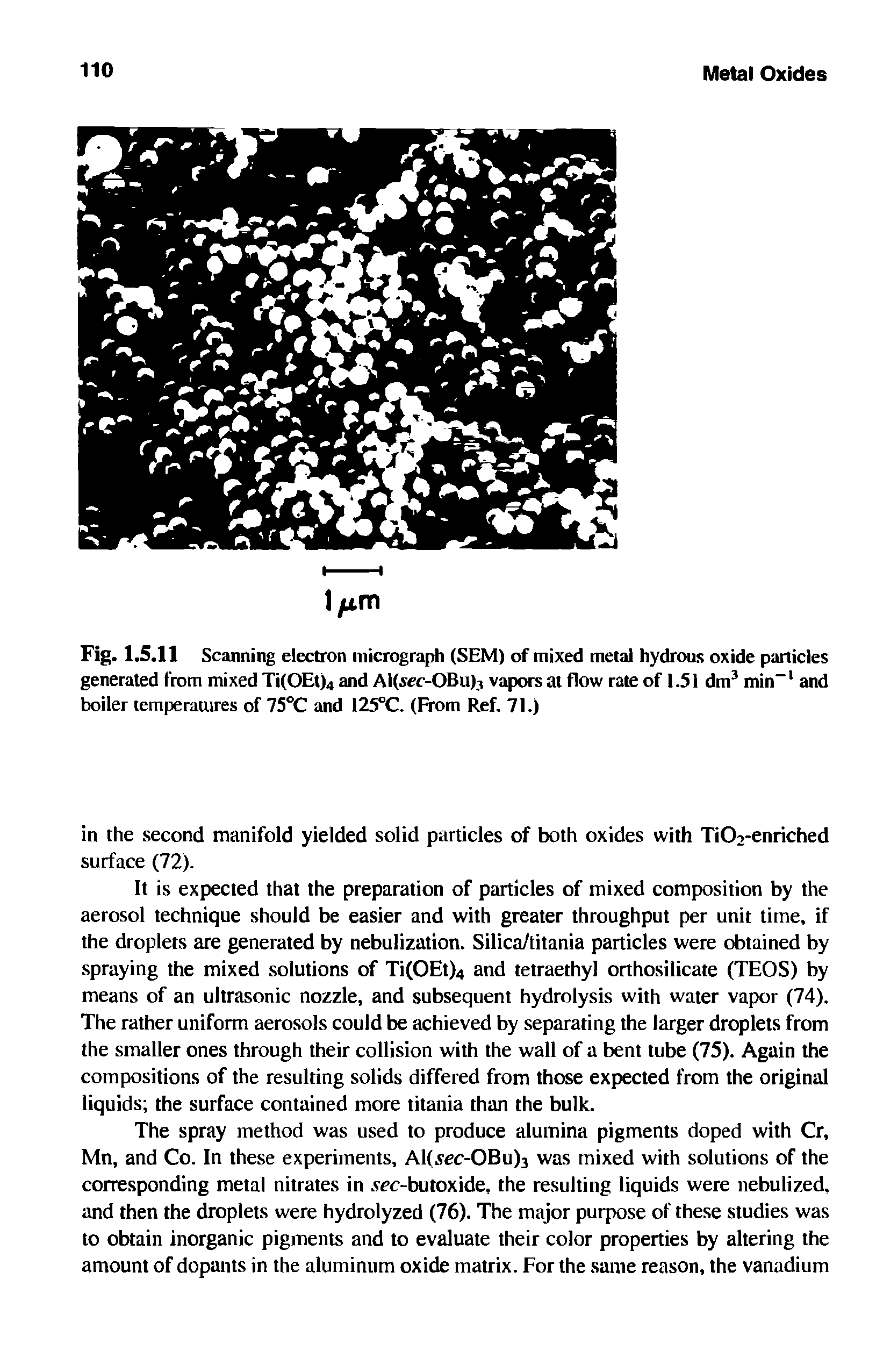 Fig. 1.5.11 Scanning electron micrograph (SEM) of mixed metal hydrous oxide particles generated from mixed Ti(OEt)4 and A1(a -OBu)3 vapors at flow rate of 1.51 dm3 min-1 and boiler temperatures of 75°C and I25°C. (From Ref. 71.)...