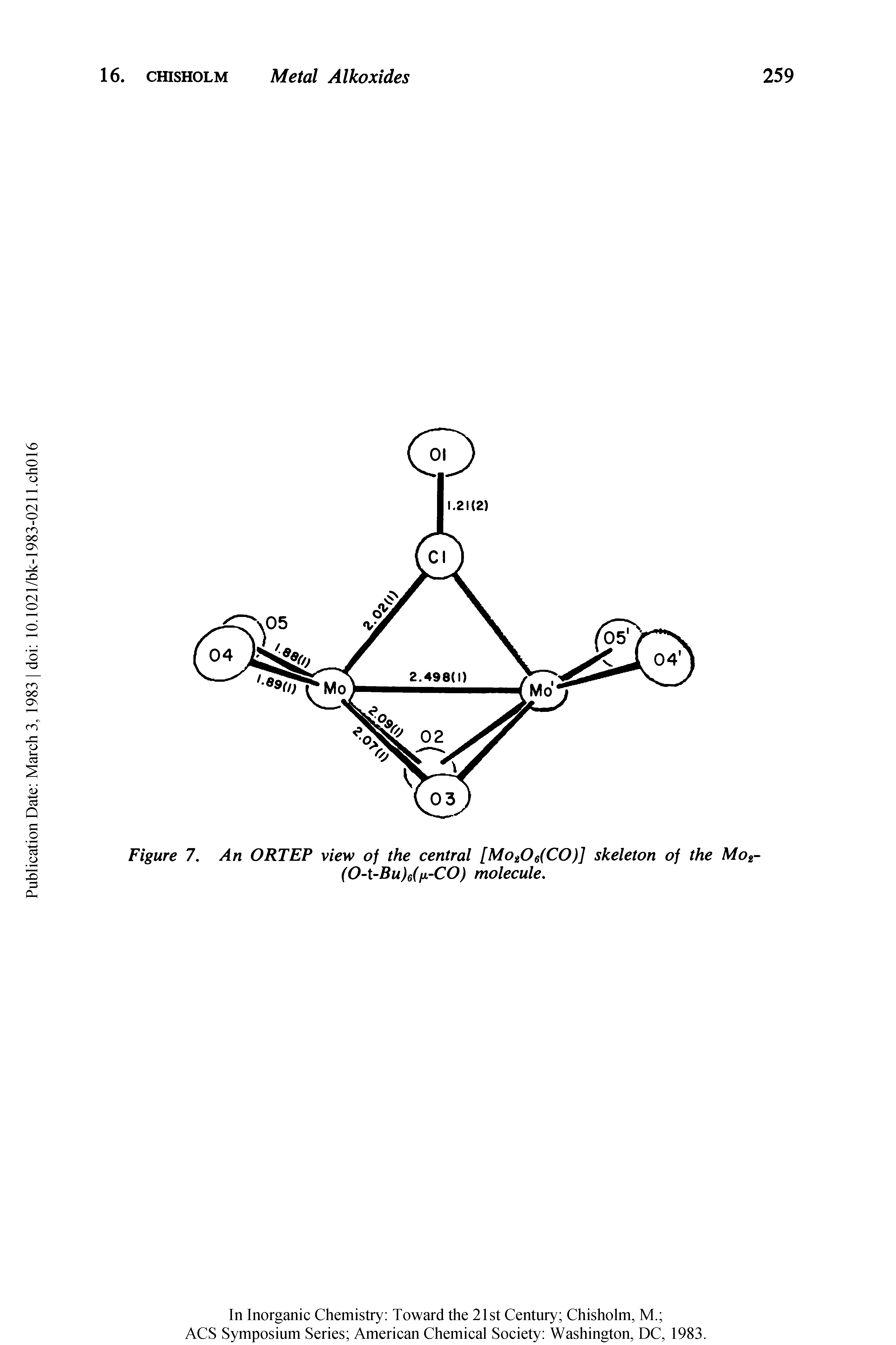 Figure 7. An ORTEP view of the central [Mo206(CO)] skeleton of the Mo2-(O-t-Bu)6(fi-CO) molecule.