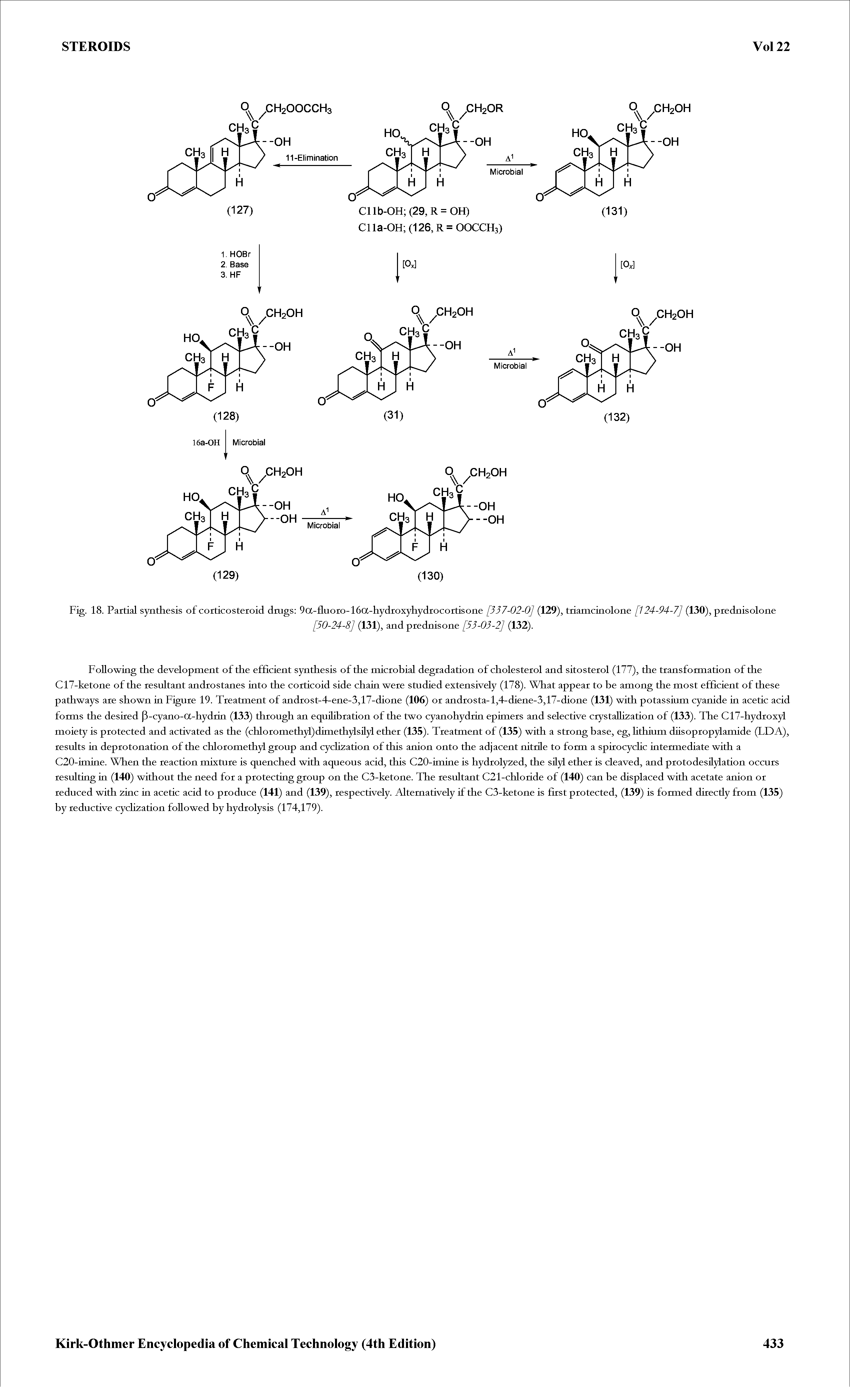Fig. 18. Partial synthesis of corticosteroid drugs 9a- uoro-16a-hydroxyhydrocortisone [337-02-0] (129), triamcinolone [124-94-7] (130), prednisolone...