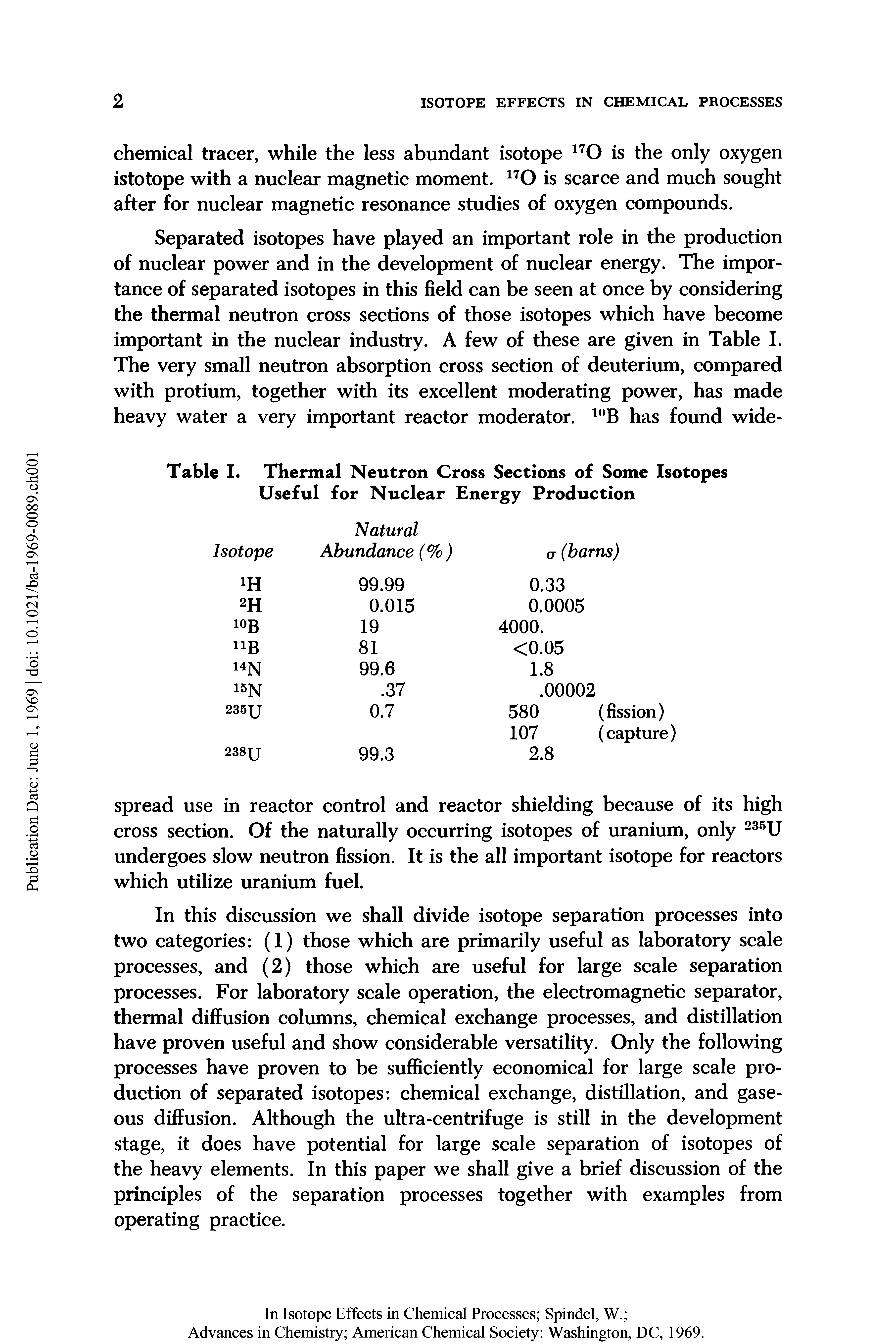 Table I. Thermal Neutron Cross Sections of Some Isotopes Useful for Nuclear Energy Production...