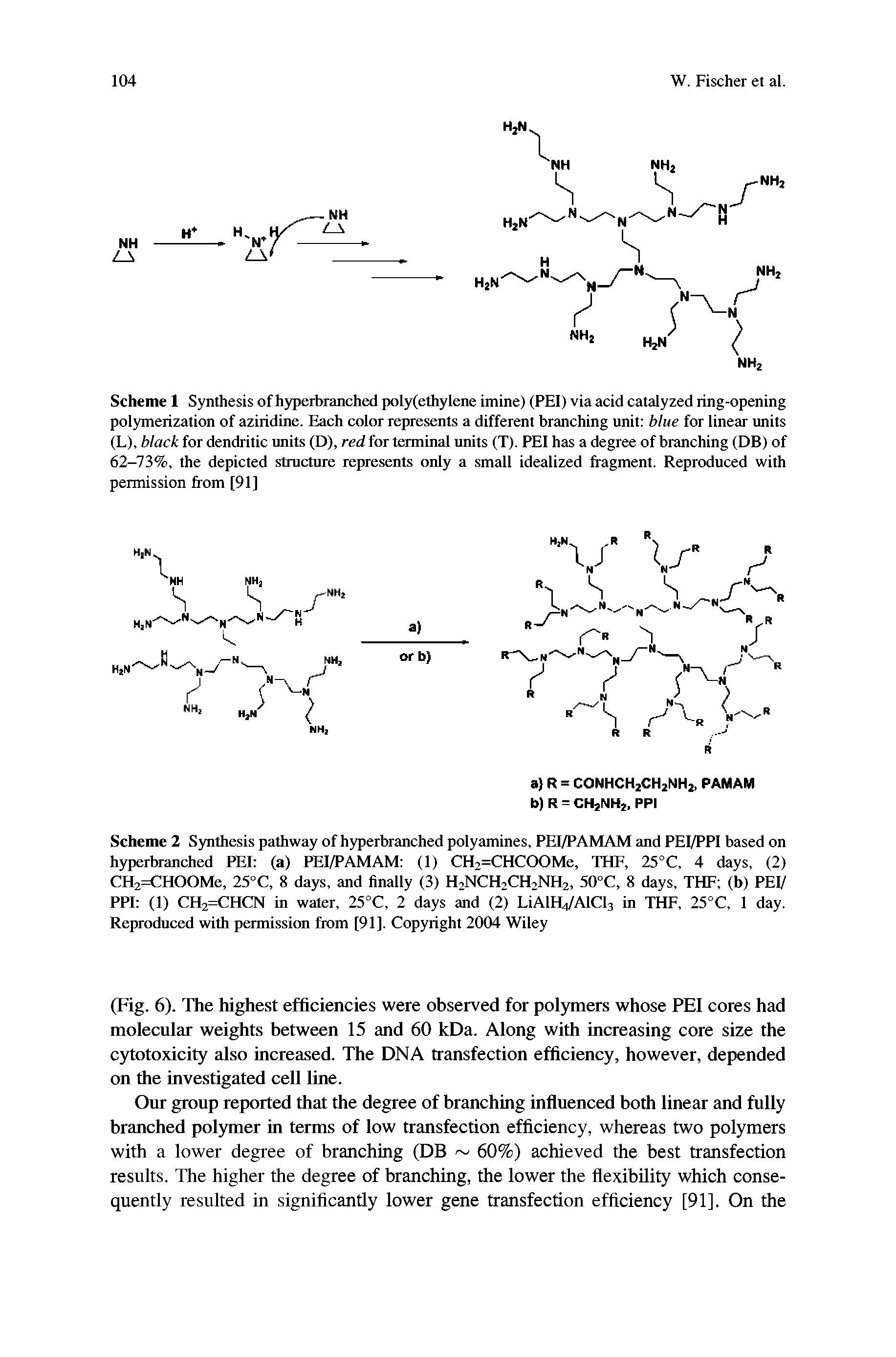 Scheme I Synthesis of hyperbranched poly(ethylene imine) (PEI) via acid catalyzed ring-opening polymerization of aziridine. Each color represents a different branching unit blue for linear units (L), black for dendritic units (D), red for terminal units (T). PEI has a degree of branching (DB) of 62-73%, the depicted structure represents only a small idealized fragment. Reproduced with permission from [91]...