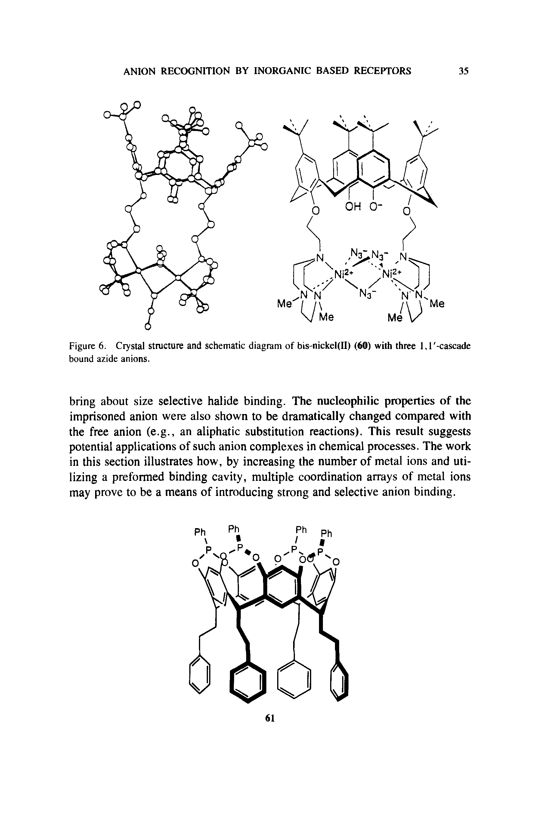 Figure 6. Crystal structure and schematic diagram of bis-nickel(II) (60) with three l,l -cascade bound azide anions.