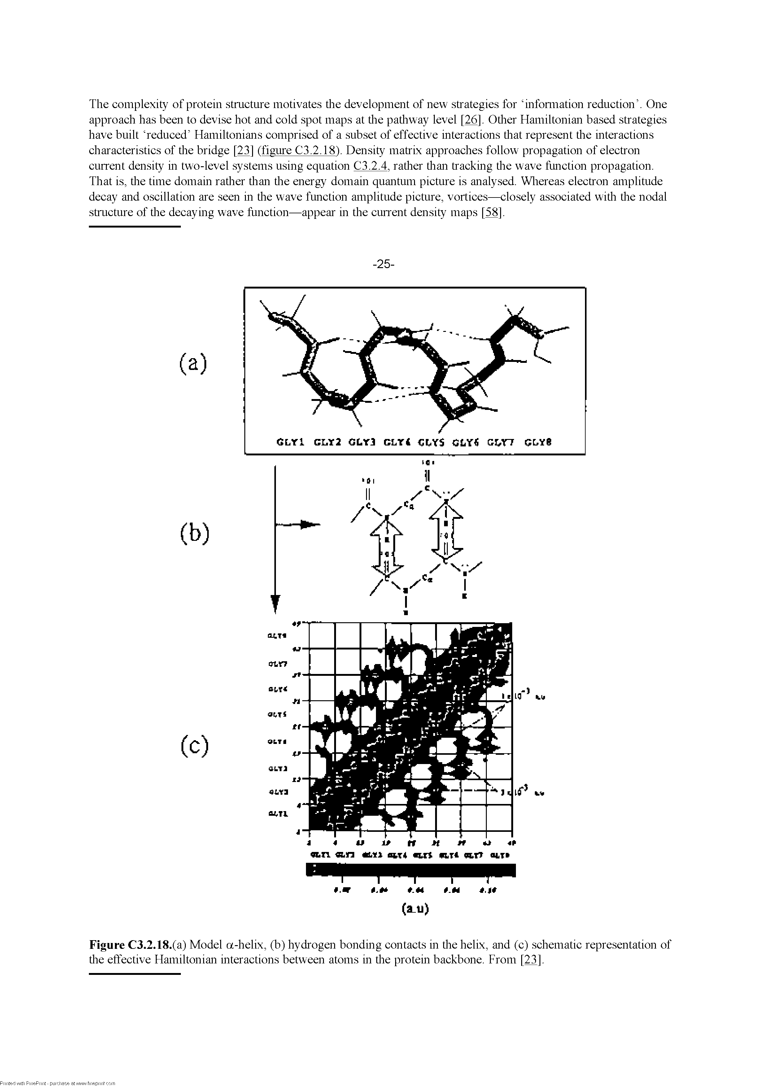Figure C3.2.18.(a) Model a-helix, (b) hydrogen bonding contacts in tire helix, and (c) schematic representation of tire effective Hamiltonian interactions between atoms in tire protein backbone. From [23].