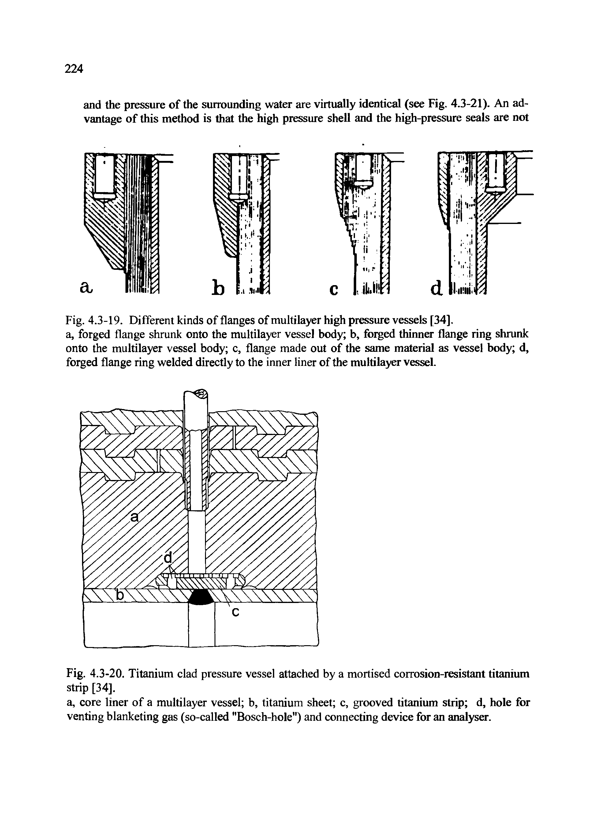 Fig. 4.3-19. Different kinds of flanges of multilayer high pressure vessels [34]. a, forged flange shrunk onto the multilayer vessel body b, forged thinner flange ring shrunk onto the multilayer vessel body c, flange made out of the same material as vessel body d, forged flange ring welded directly to the inner liner of the multilayer vessel.