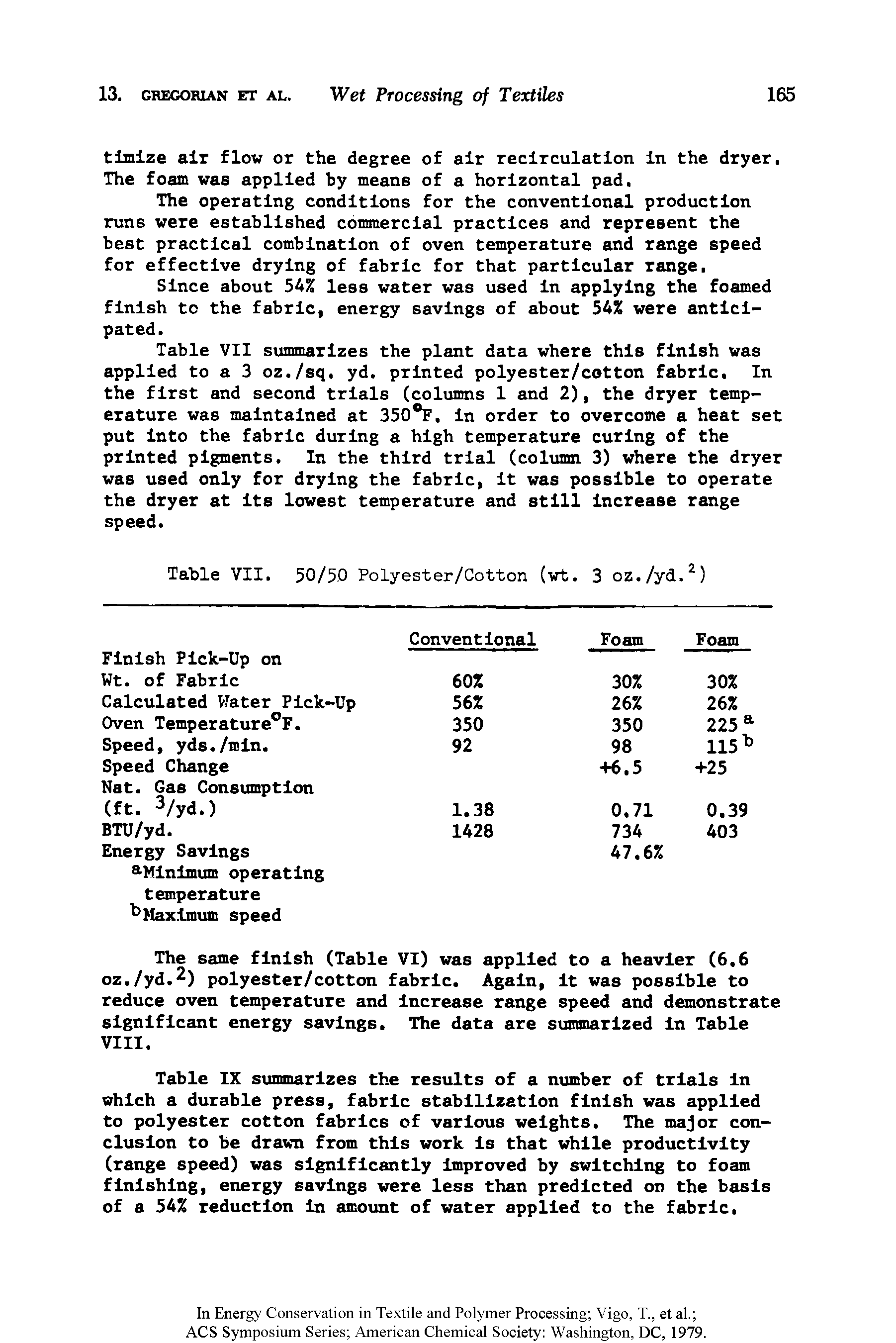 Table VII summarizes the plant data where this finish was applied to a 3 oz./sq, yd. printed polyester/cotton fabric. In the first and second trials (columns 1 and 2), the dryer temperature was maintained at 350°F. in order to overcome a heat set put into the fabric during a high temperature curing of the printed pigments. In the third trial (column 3) where the dryer was used only for drying the fabric, it was possible to operate the dryer at its lowest temperature and still increase range speed.