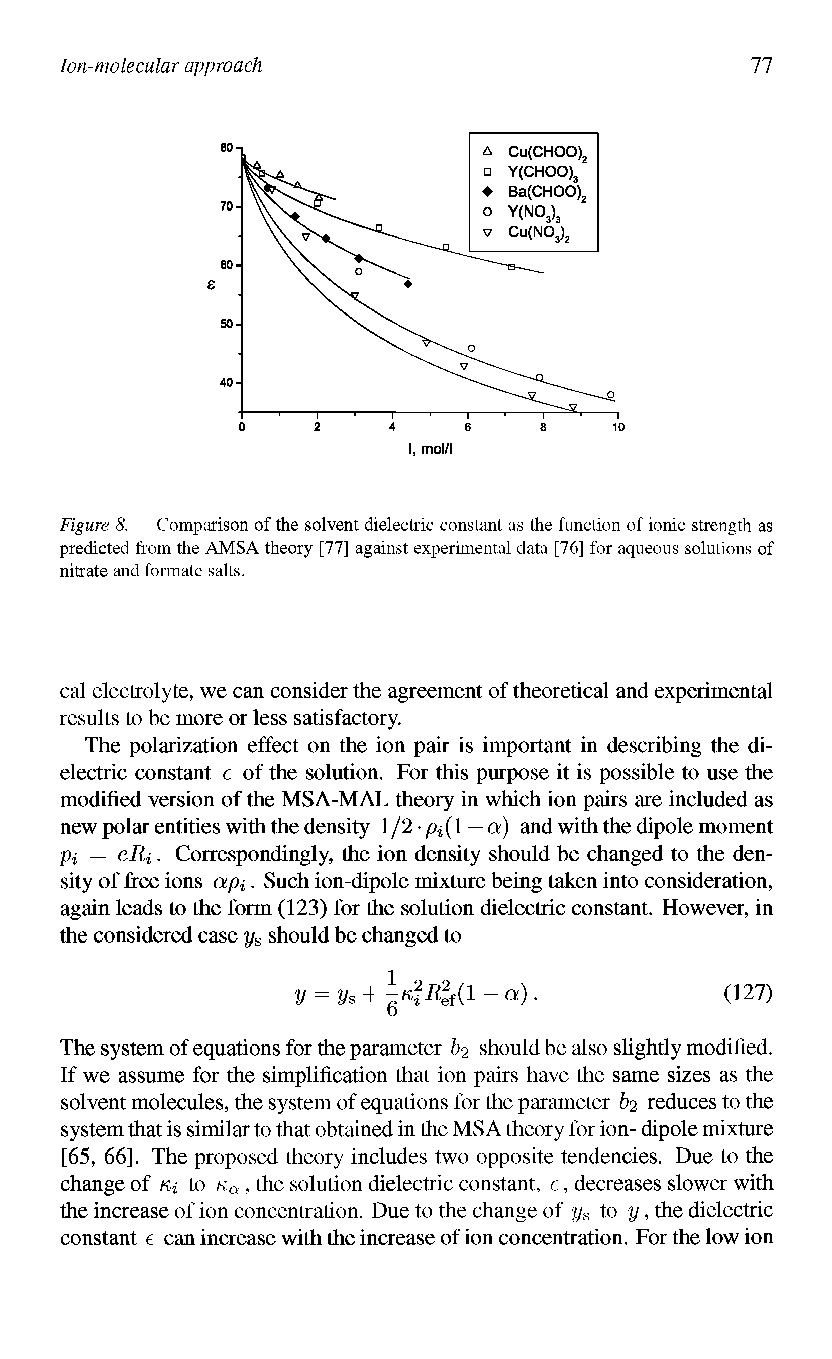 Figure 8. Comparison of the solvent dielectric constant as the function of ionic strength as predicted from the AMSA theory [77] against experimental data [76] for aqueous solutions of nitrate and formate salts.
