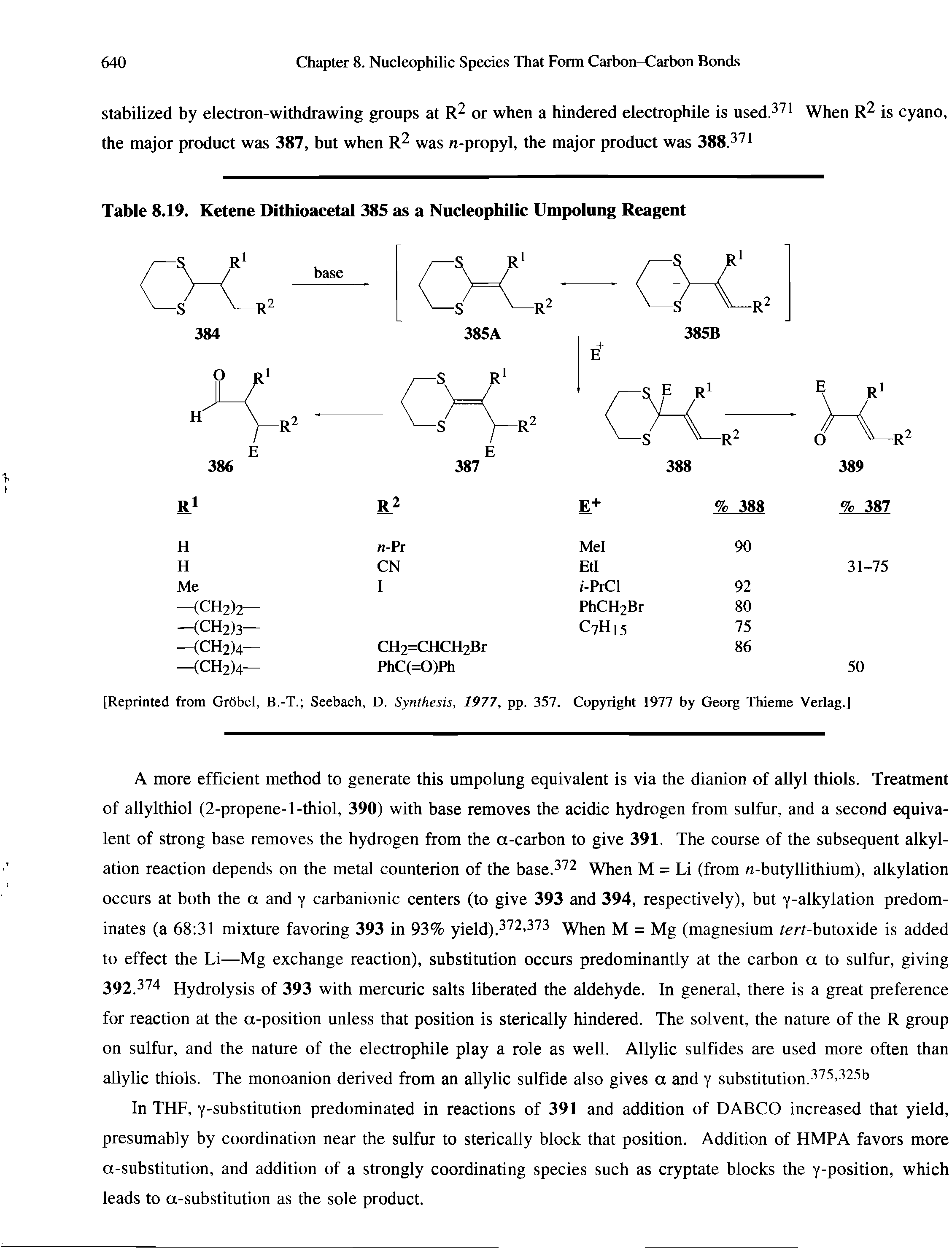 Table 8.19. Ketene Dithioacetal 385 as a Nucleophilic Umpolung Reagent...